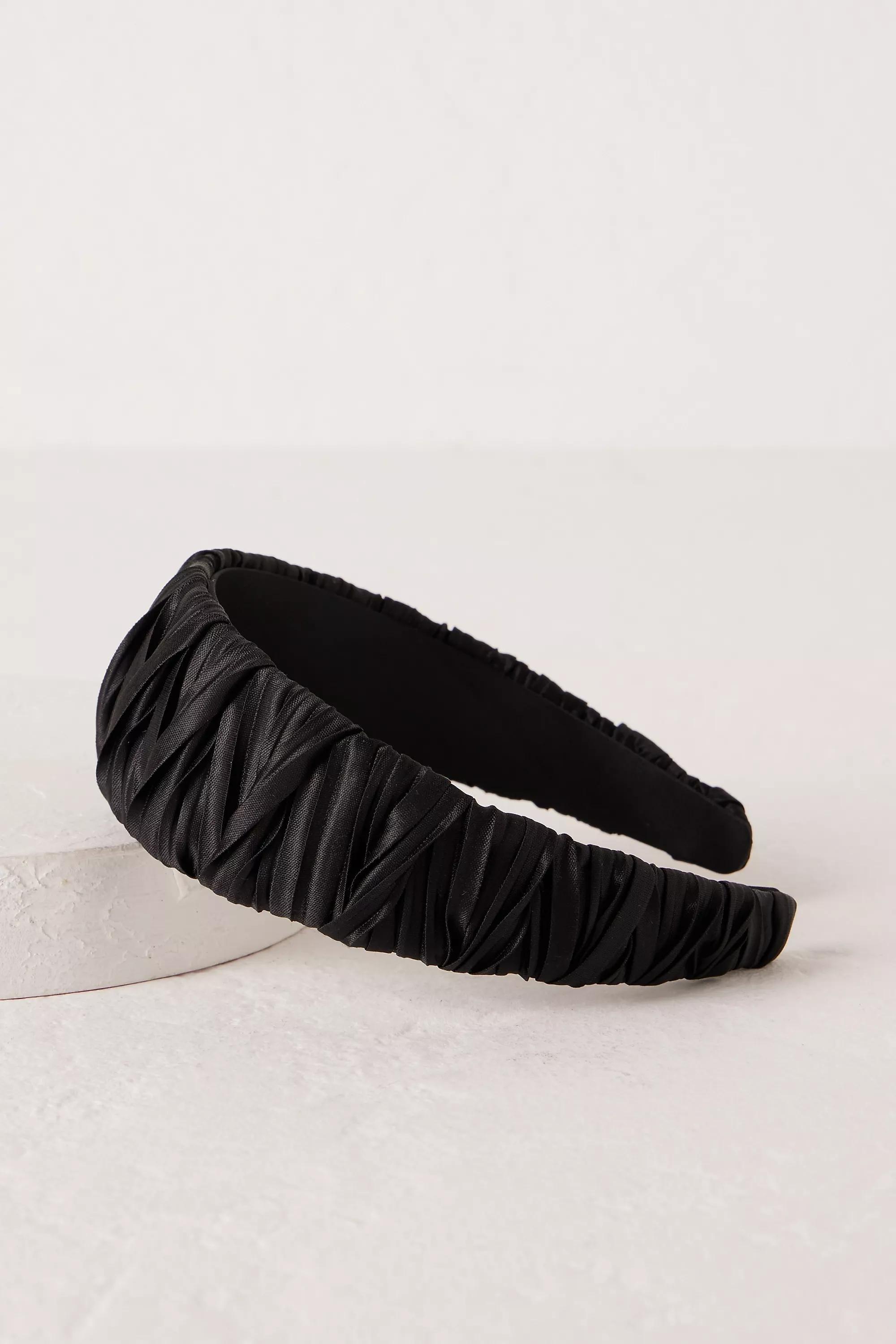 Thick Pleated Satin Headband, Black, A501_0001, large image number 4