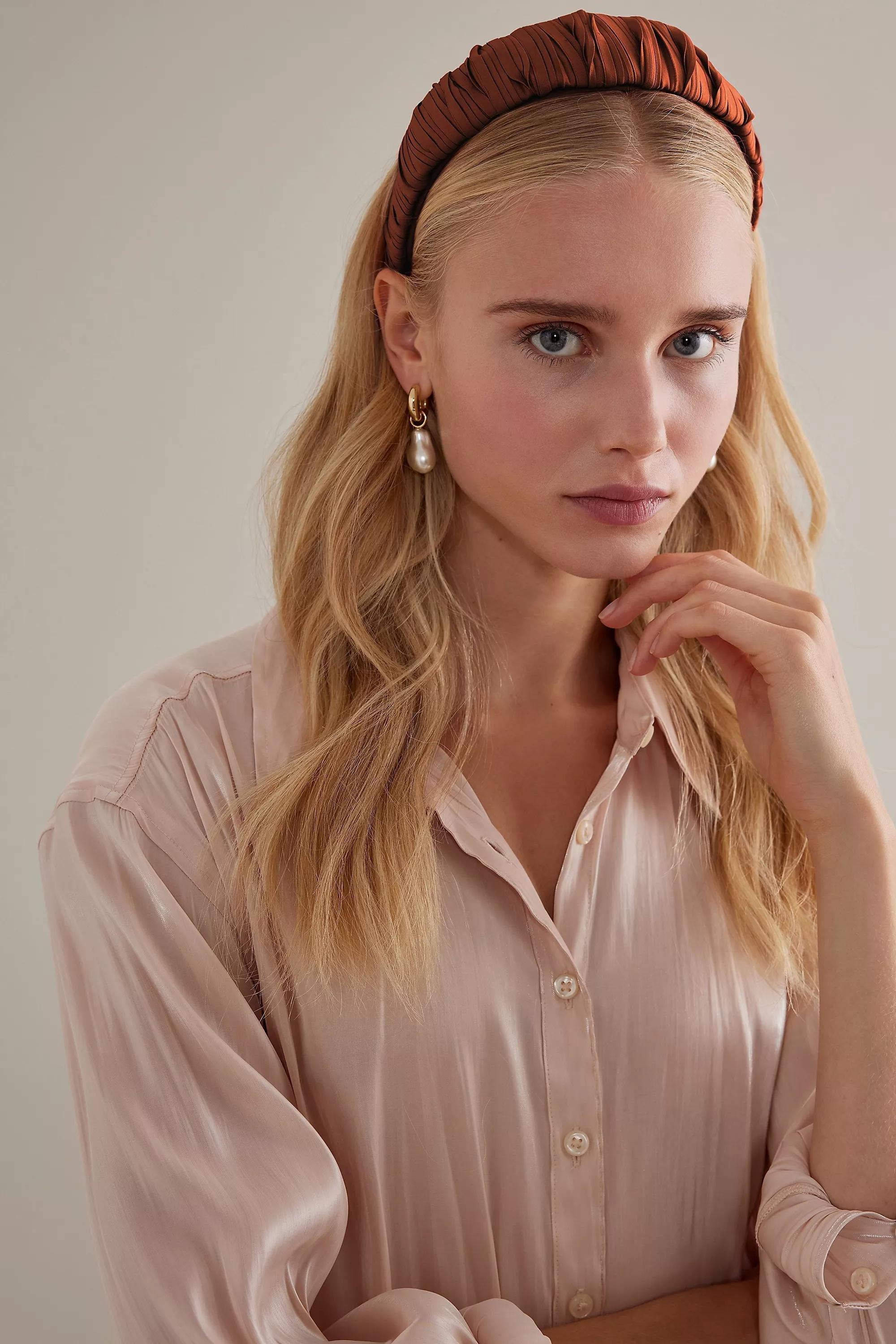 Thick Pleated Satin Headband, Brown, A501_0021, large image number 0