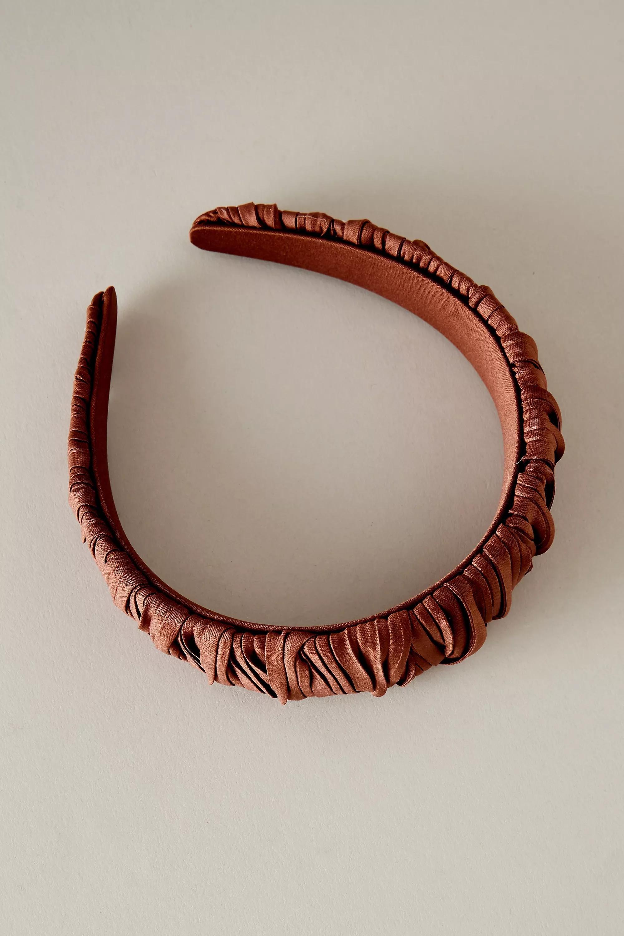 Thick Pleated Satin Headband, Brown, A501_0021, large image number 2