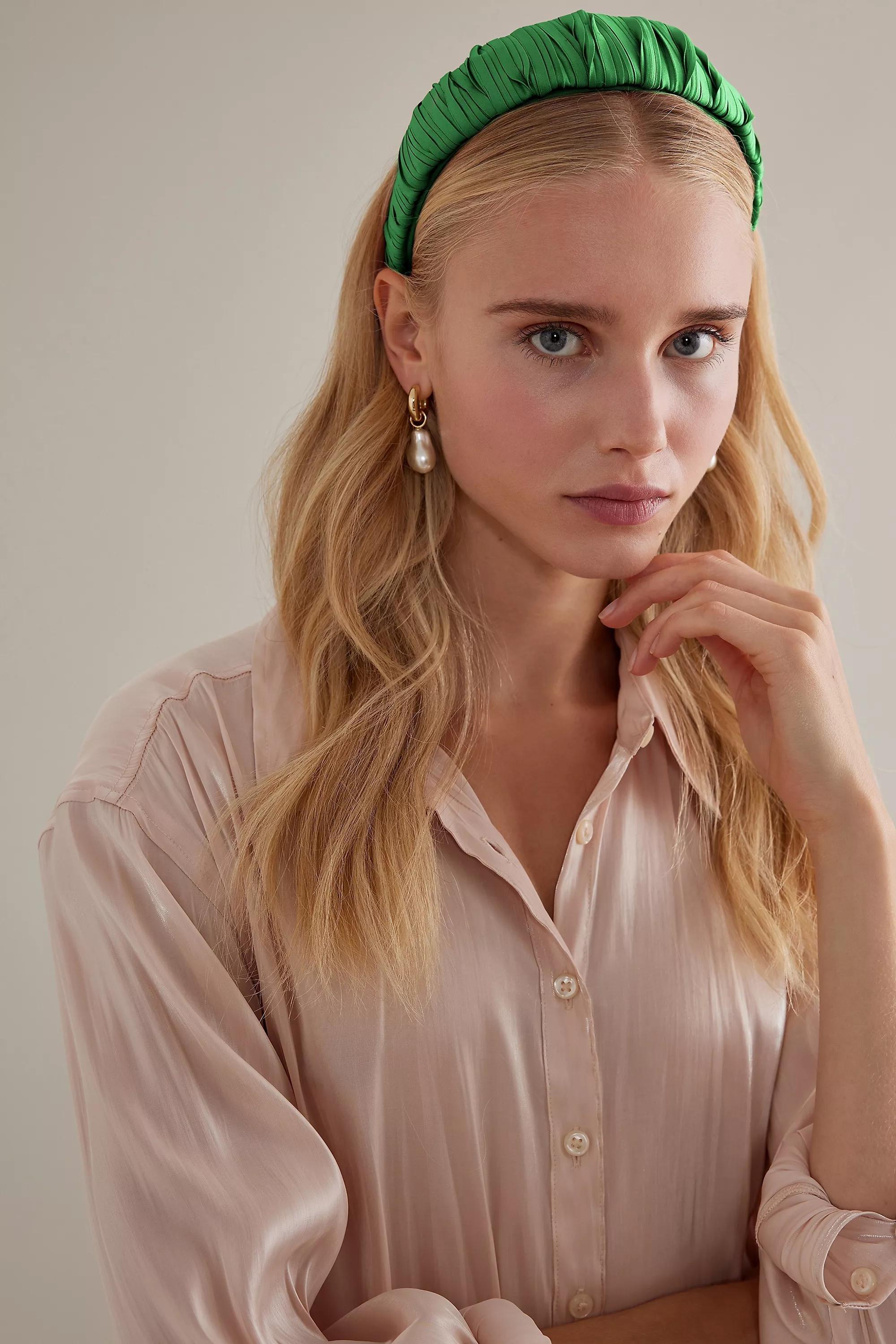 Thick Pleated Satin Headband, Green, A501_0037, large image number 0