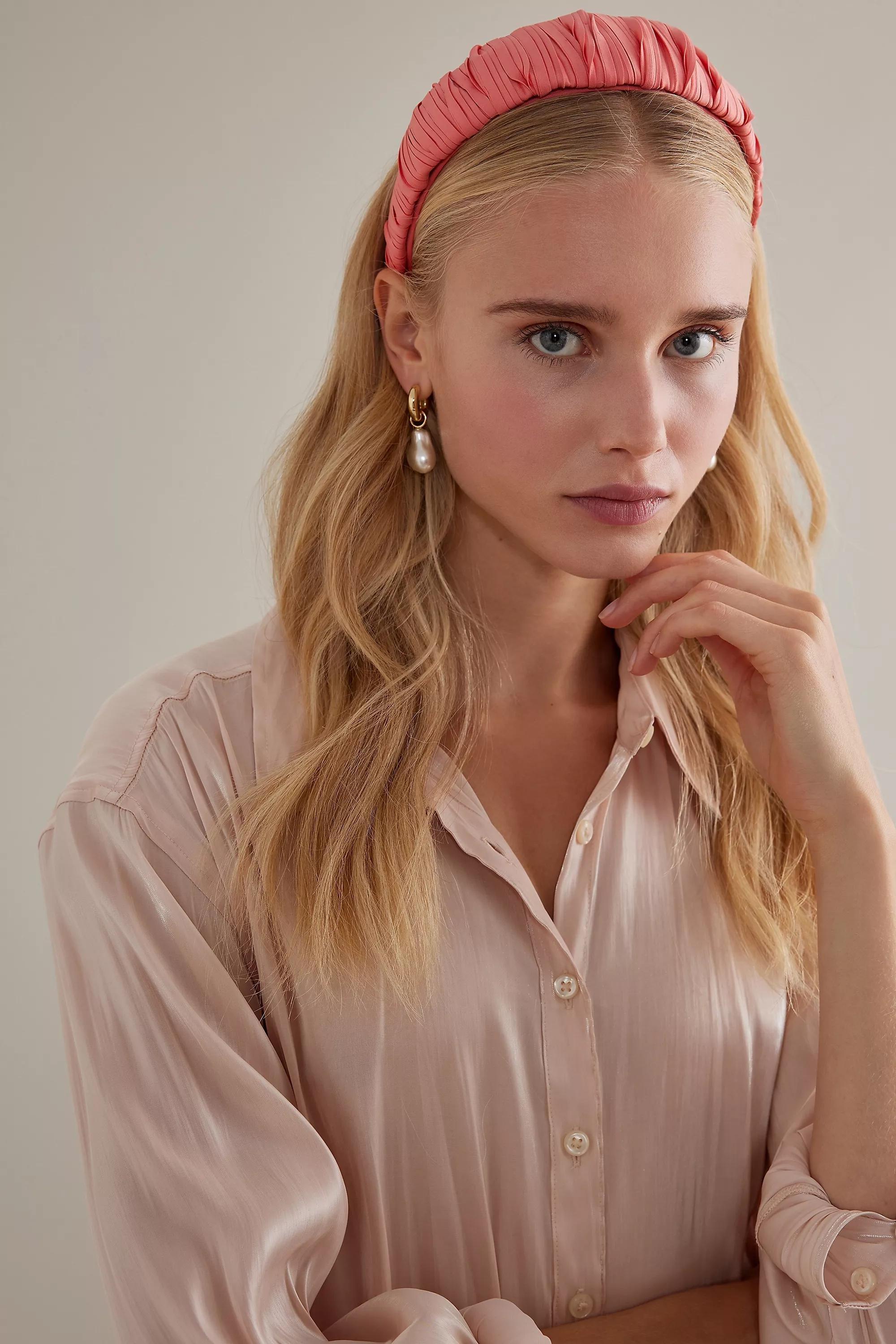 Thick Pleated Satin Headband, Coral, A501_0085, large image number 4