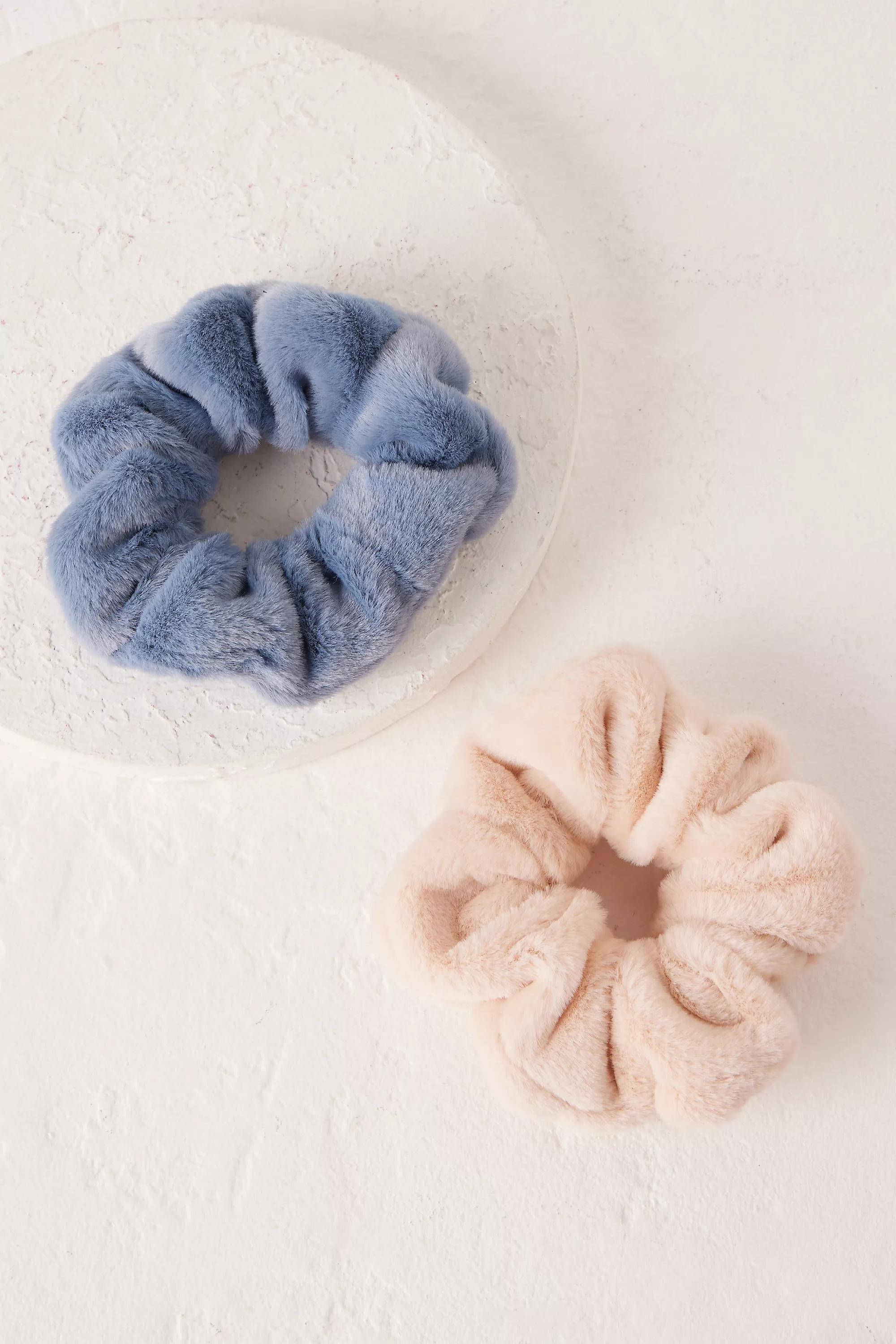 Faux Fur Hair Scrunchies, Set Of 2, Blue, , large image number 0