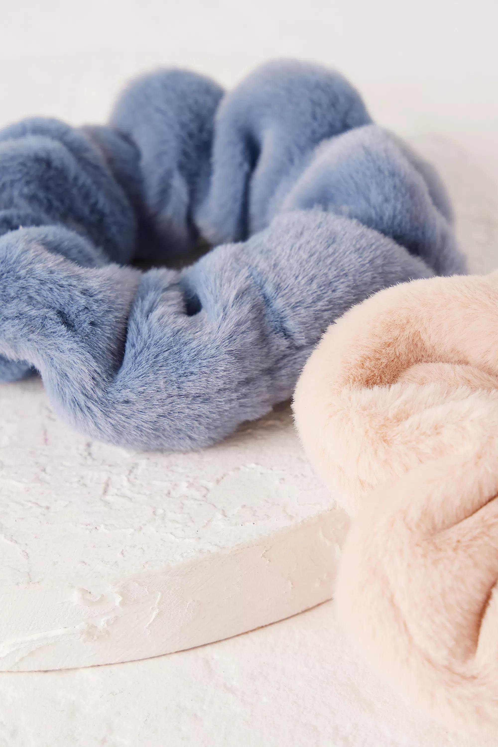 Faux Fur Hair Scrunchies, Set Of 2, Blue, , large image number 1