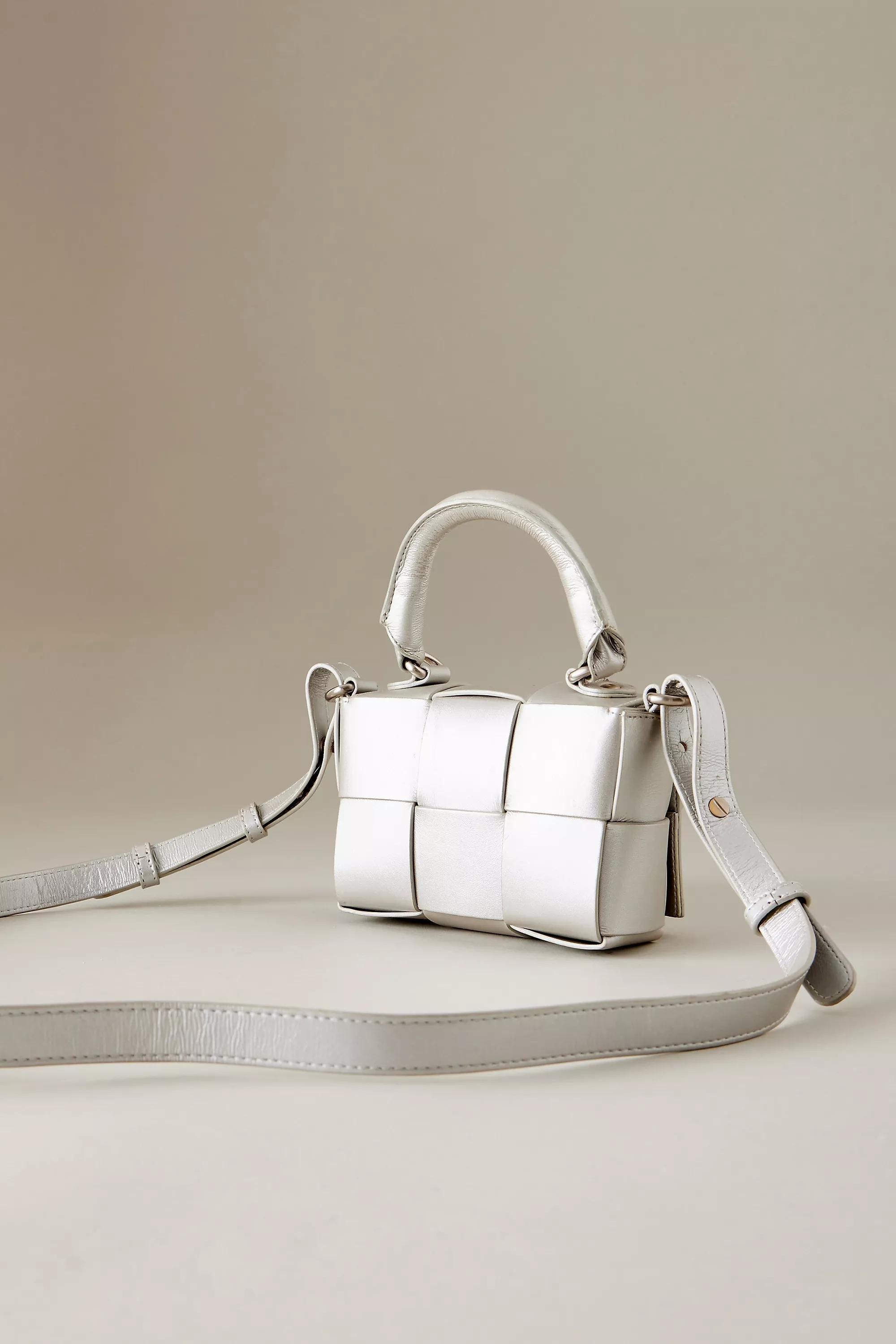 Woven Leather Micro Crossbody Hand Bag, Silver, A501_0007, large image number 0