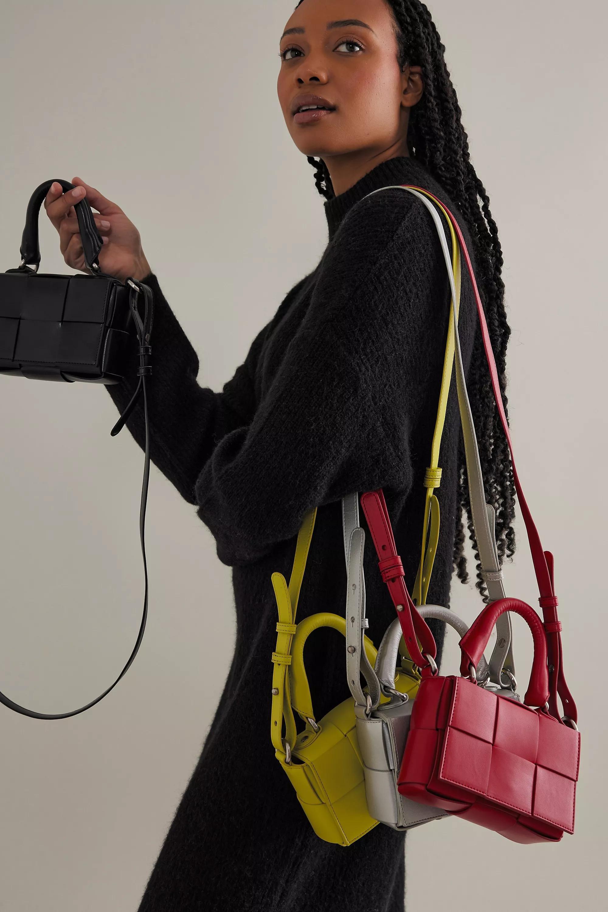 Woven Leather Micro Crossbody Hand Bag, Silver, A501_0007, large image number 1