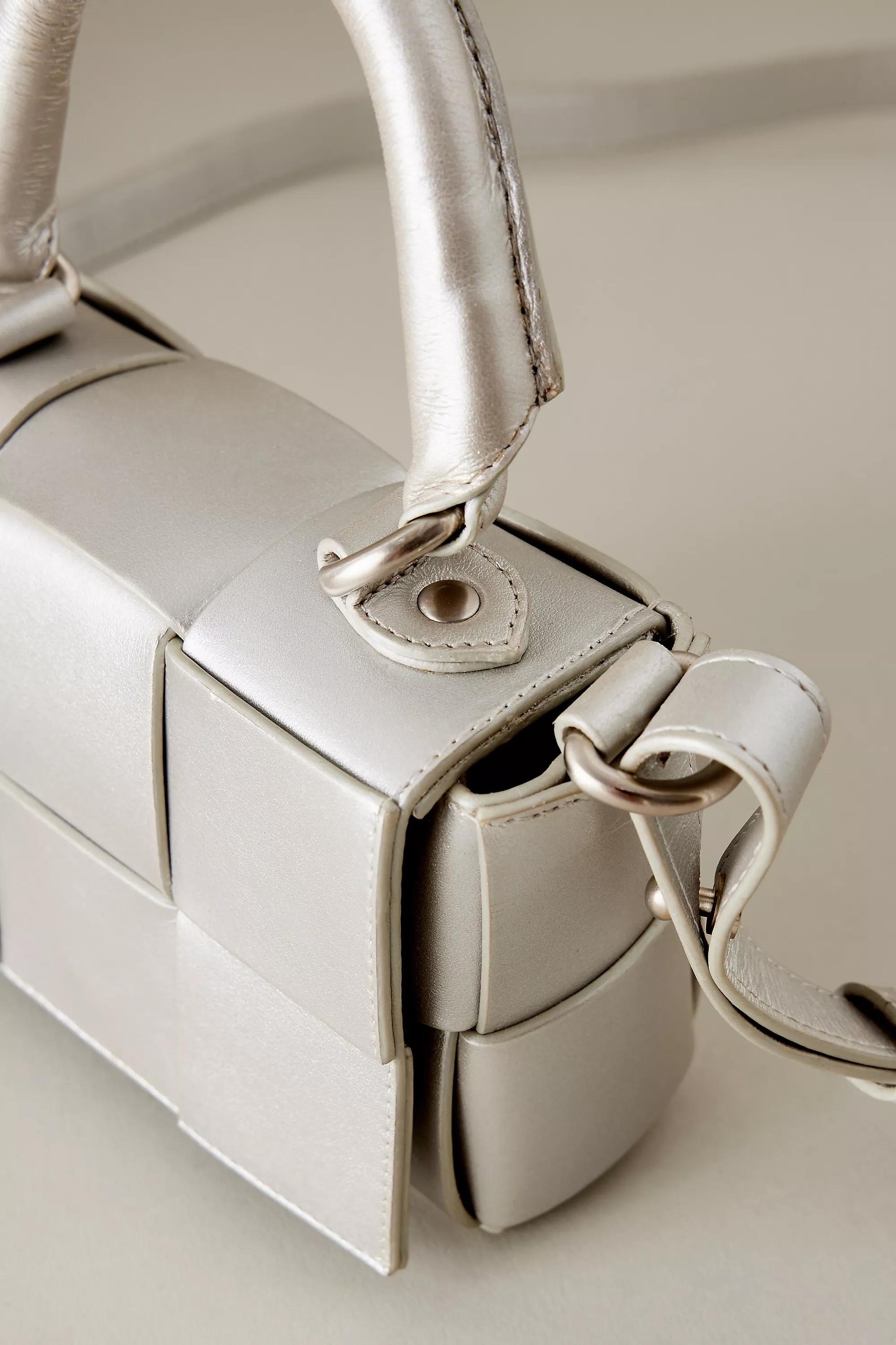 Woven Leather Micro Crossbody Hand Bag, Silver, A501_0007, large image number 2