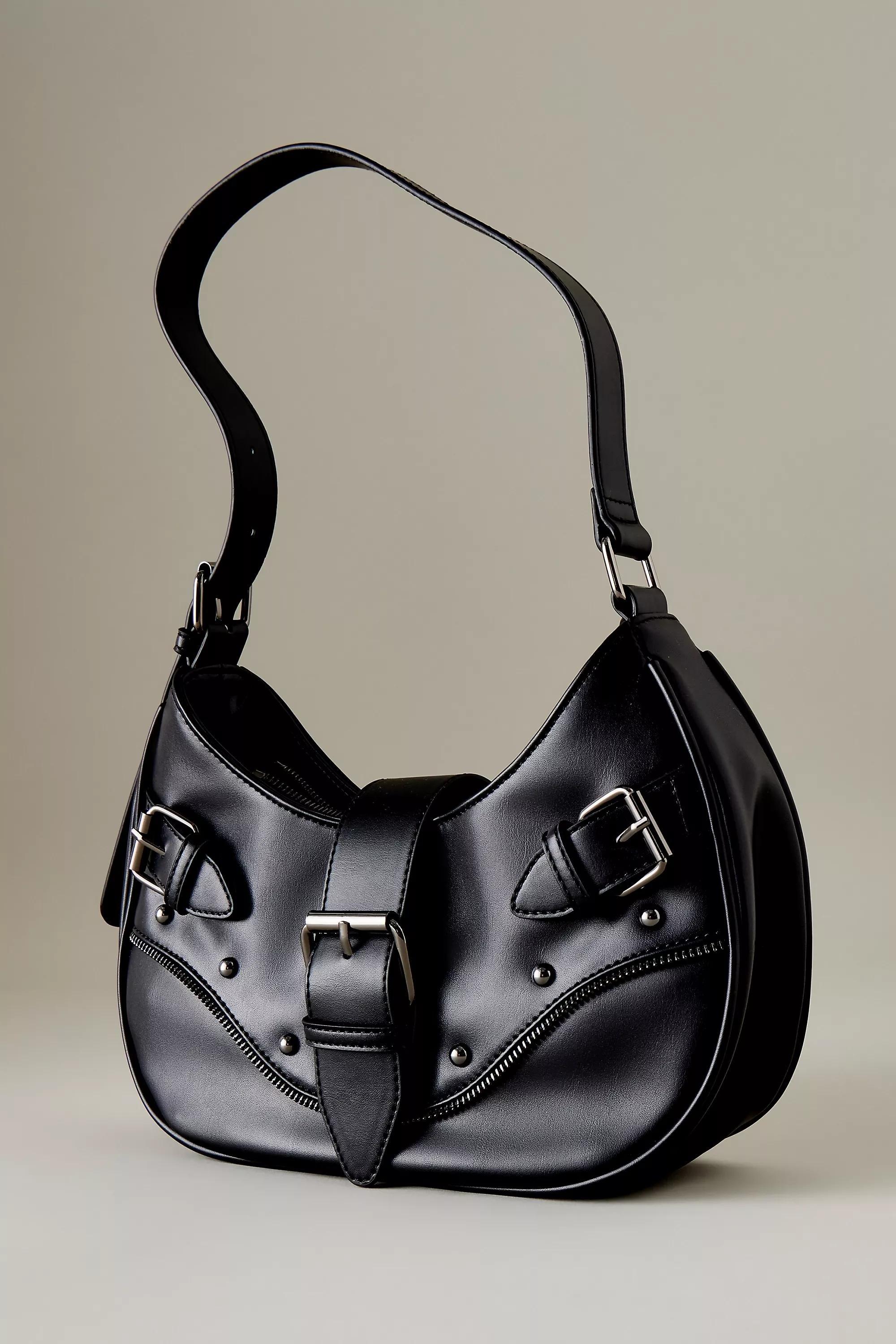 Buckle Studded Faux-Leather Shoulder Bag, Black, A501_0001, large image number 0