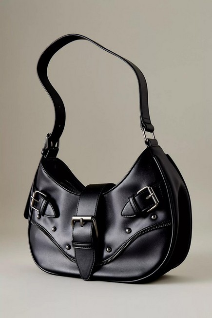 Anthropologie - Buckle Studded Faux-Leather Shoulder Bag, Black