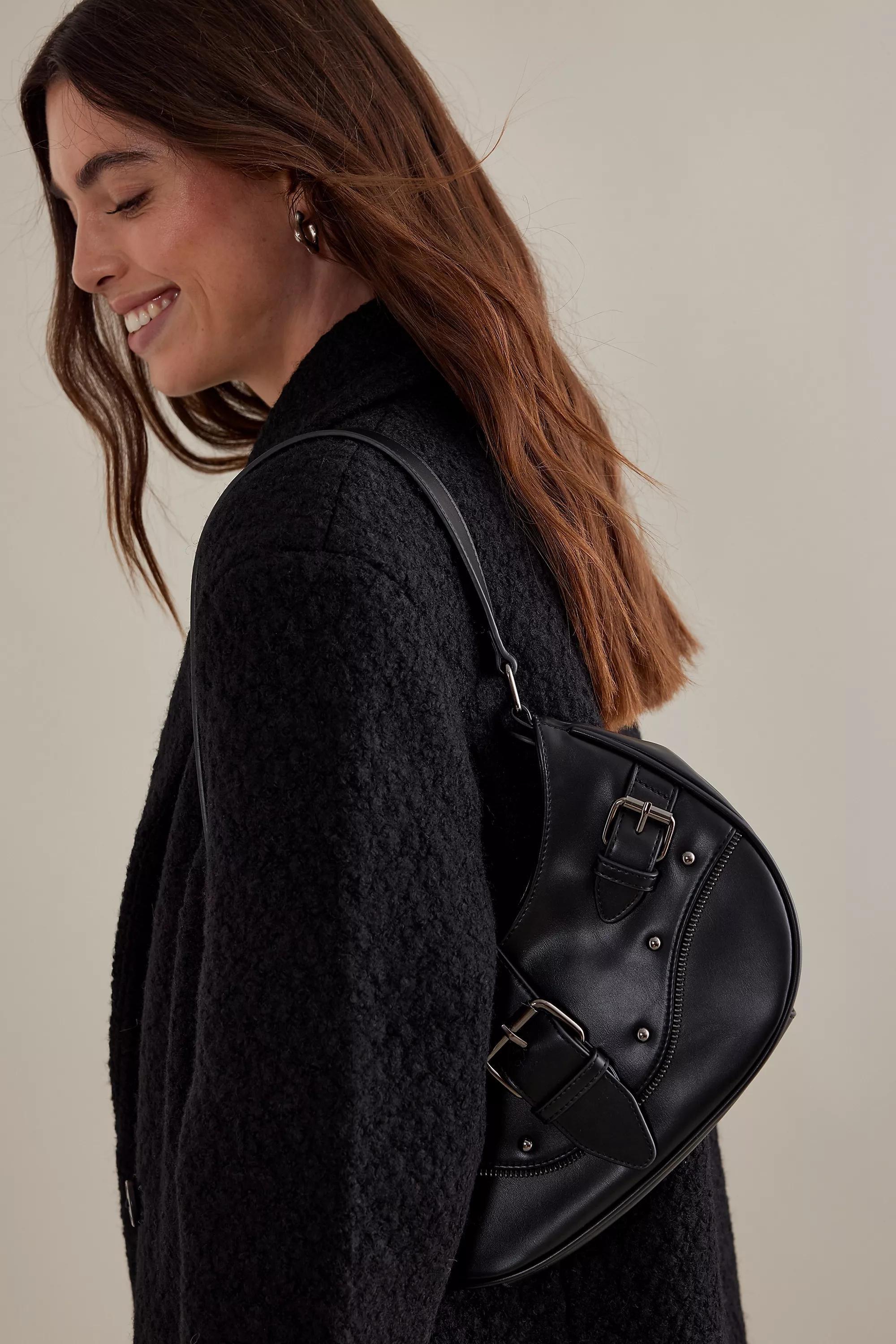 Buckle Studded Faux-Leather Shoulder Bag, Black, A501_0001, large image number 3