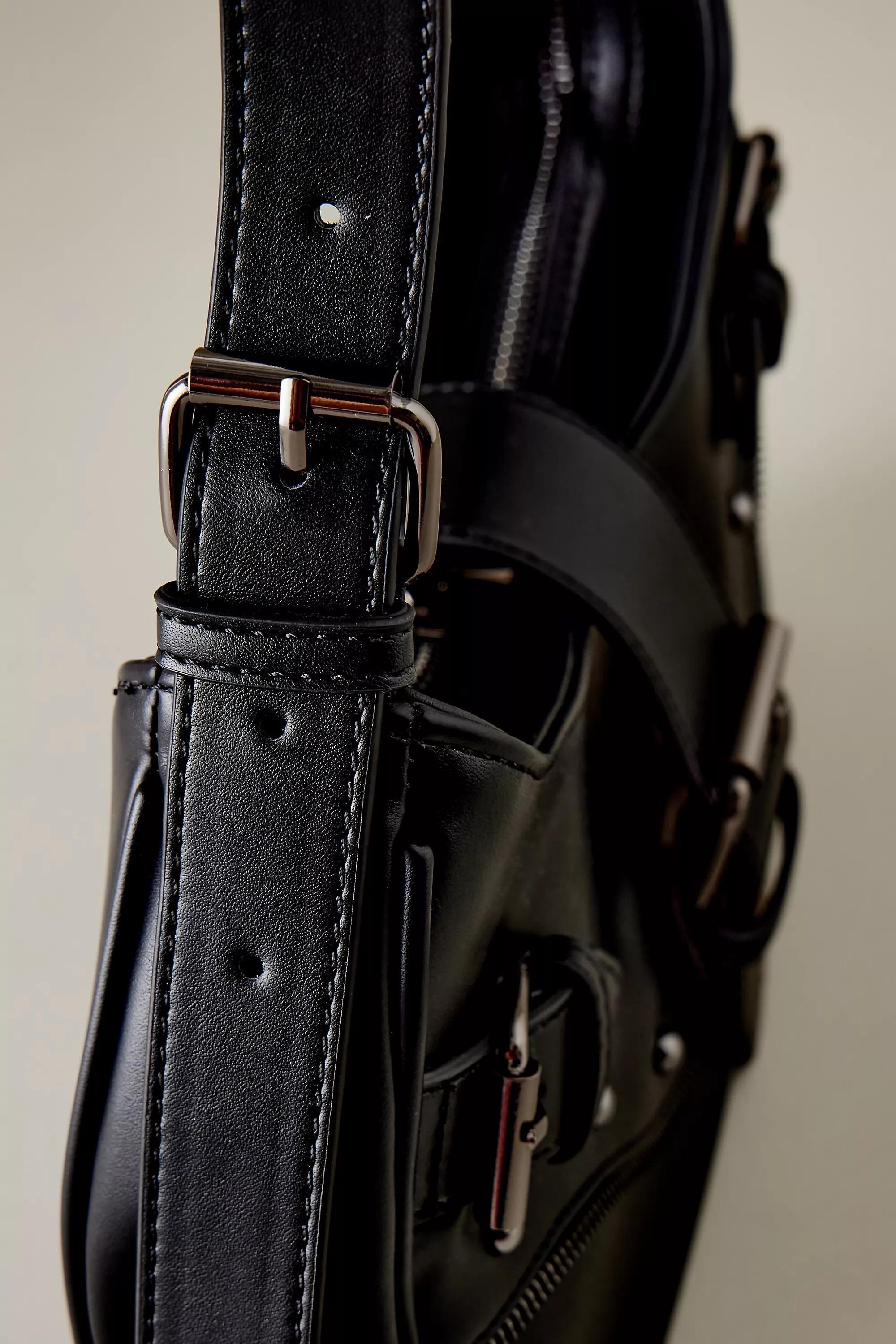 Buckle Studded Faux-Leather Shoulder Bag, Black, A501_0001, large image number 4