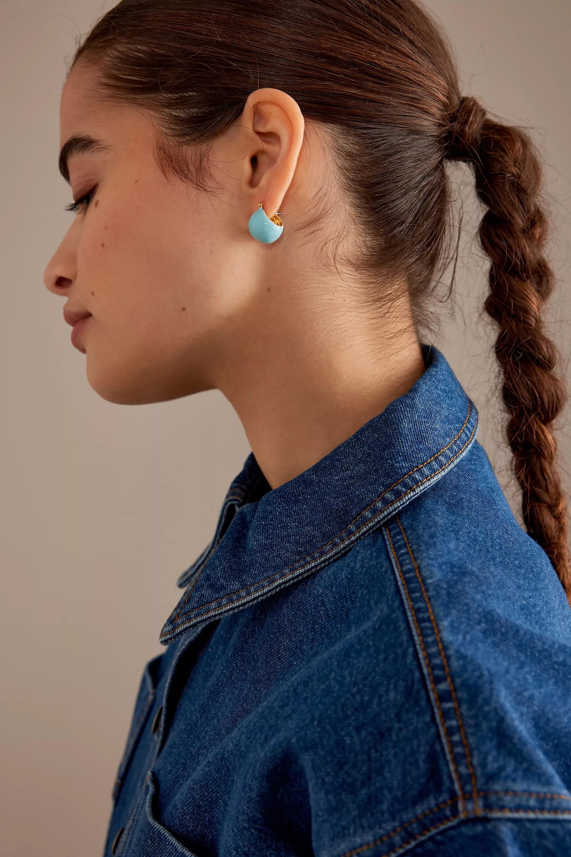 Gold-Plated Basket Enamel Huggie Hoop Earrings, Blue, A501_0040, large image number 0