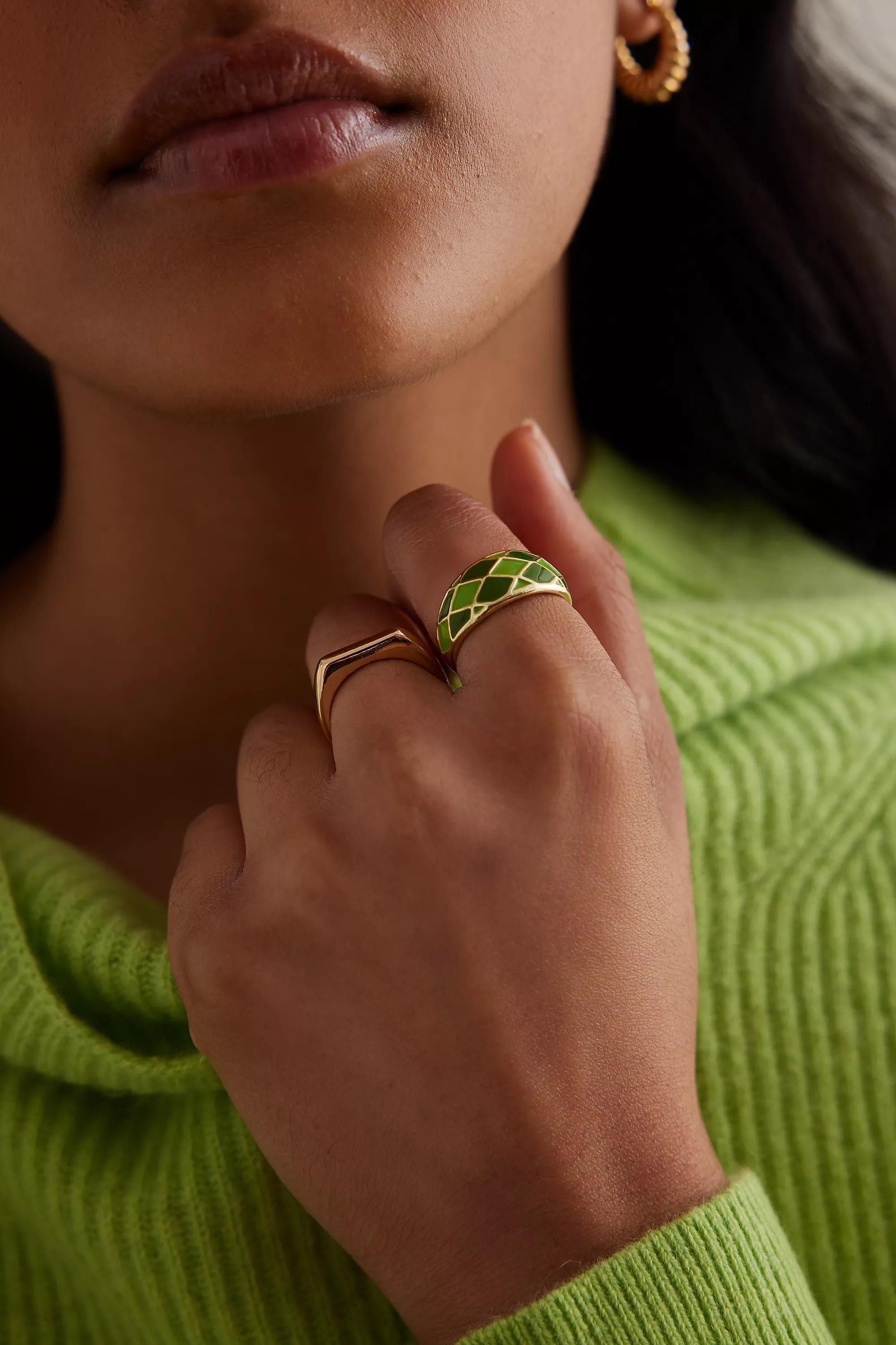 Gold-Plated Resin Checkered Ring, Green, A501_0030, large image number 0