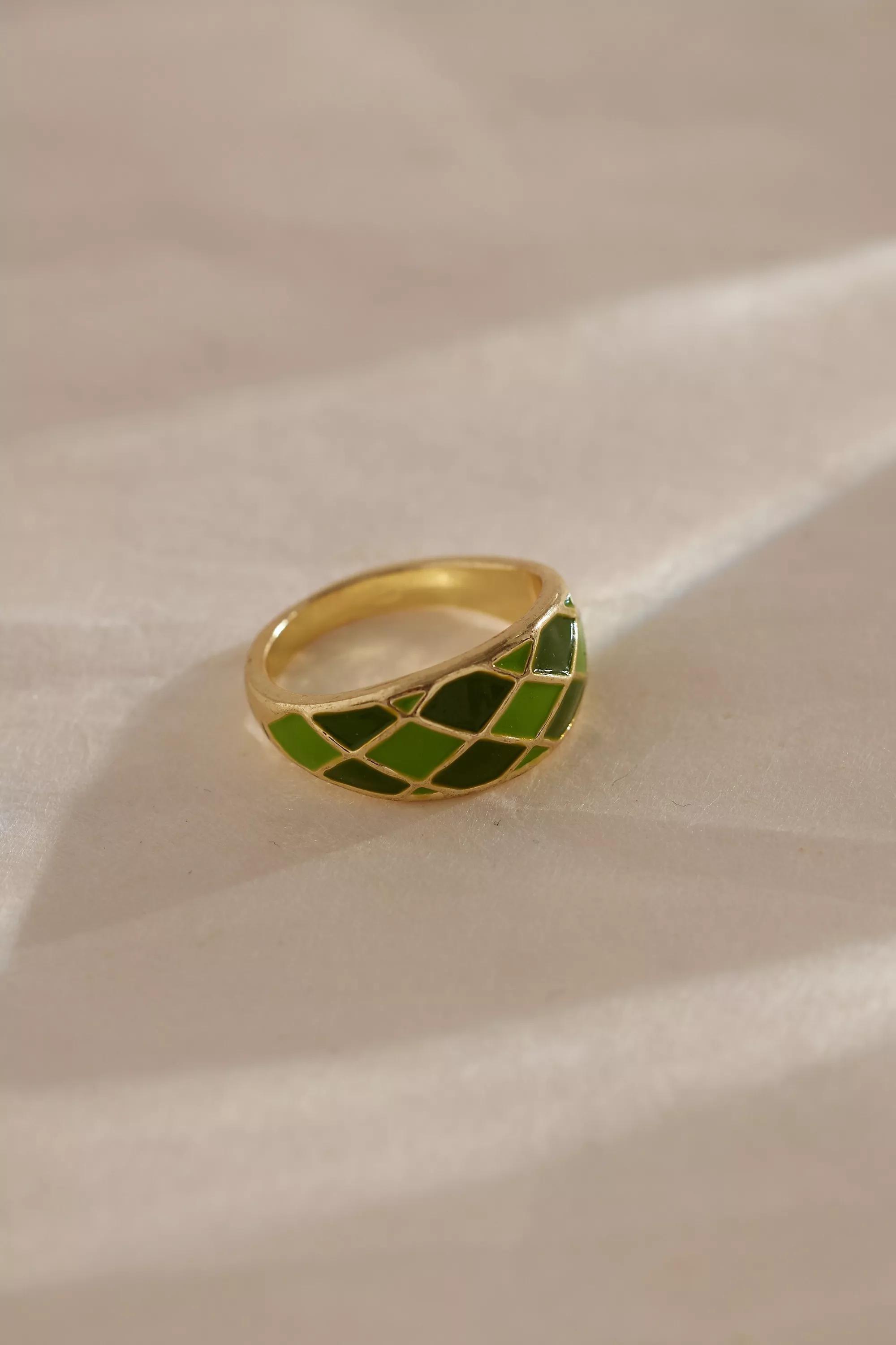 Gold-Plated Resin Checkered Ring, Green, A501_0030, large image number 1