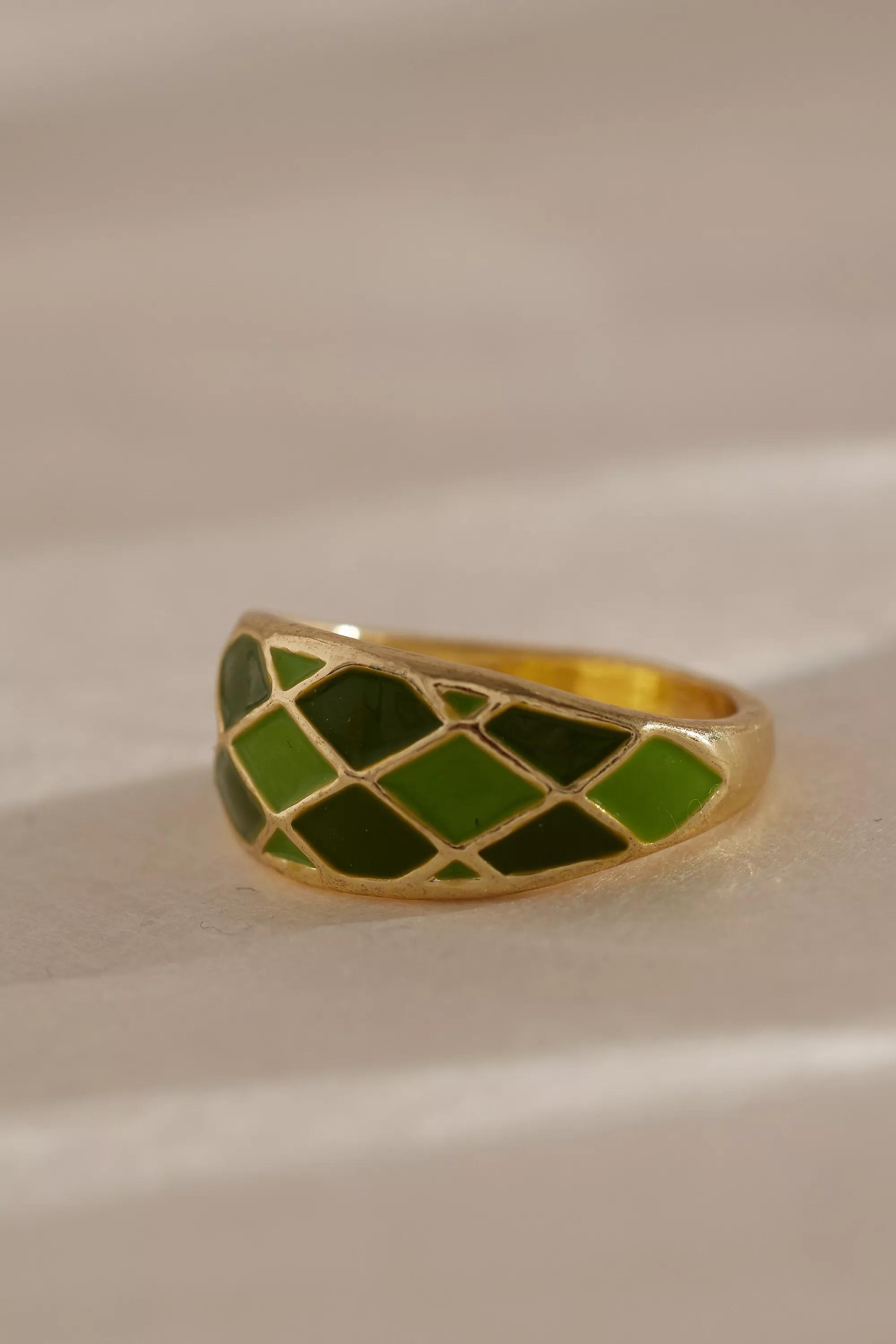 Gold-Plated Resin Checkered Ring, Green, A501_0030, large image number 3