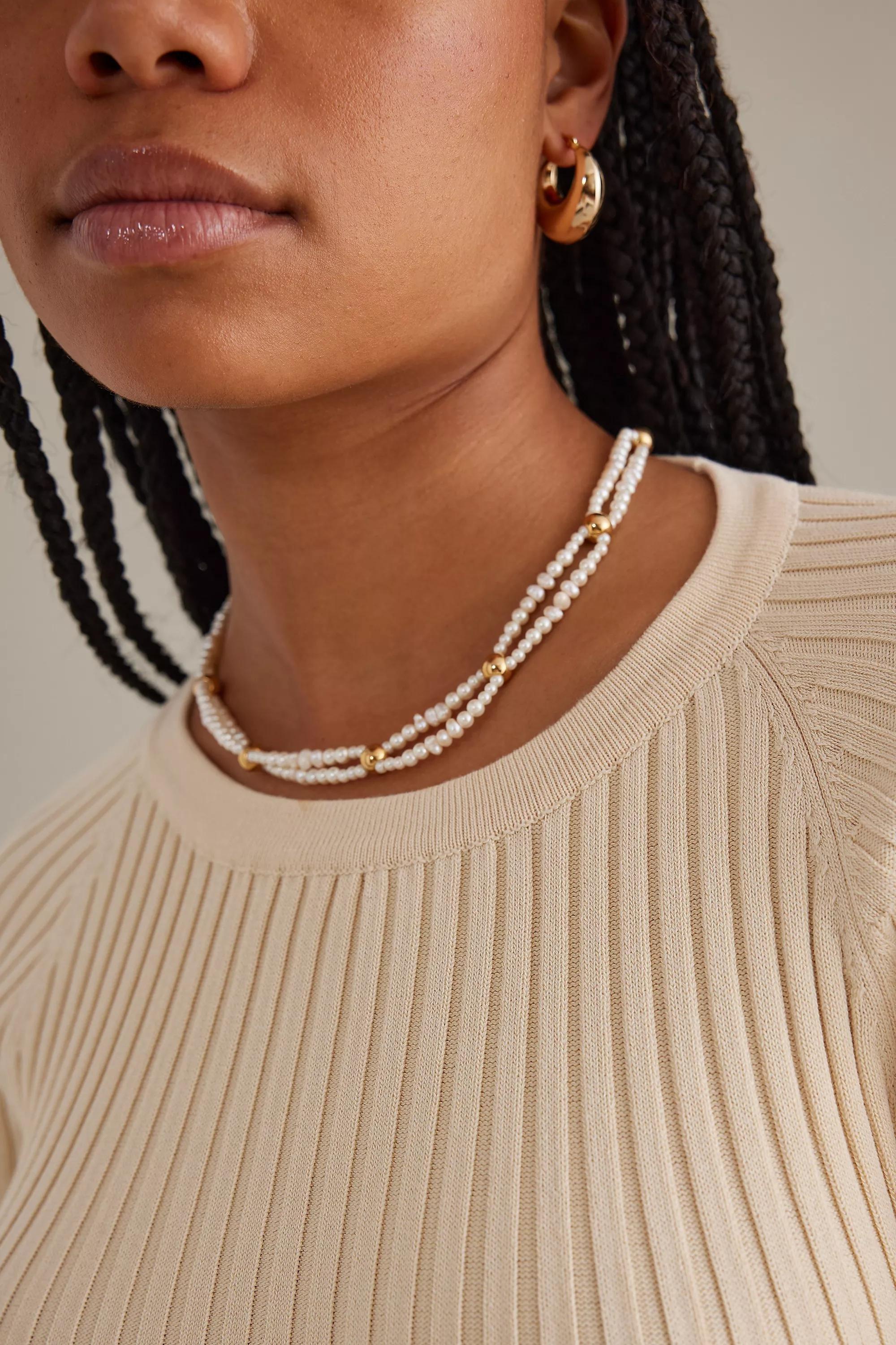 Double-Strand Beaded Pearl Choker Necklace, Pearl, , large image number 0