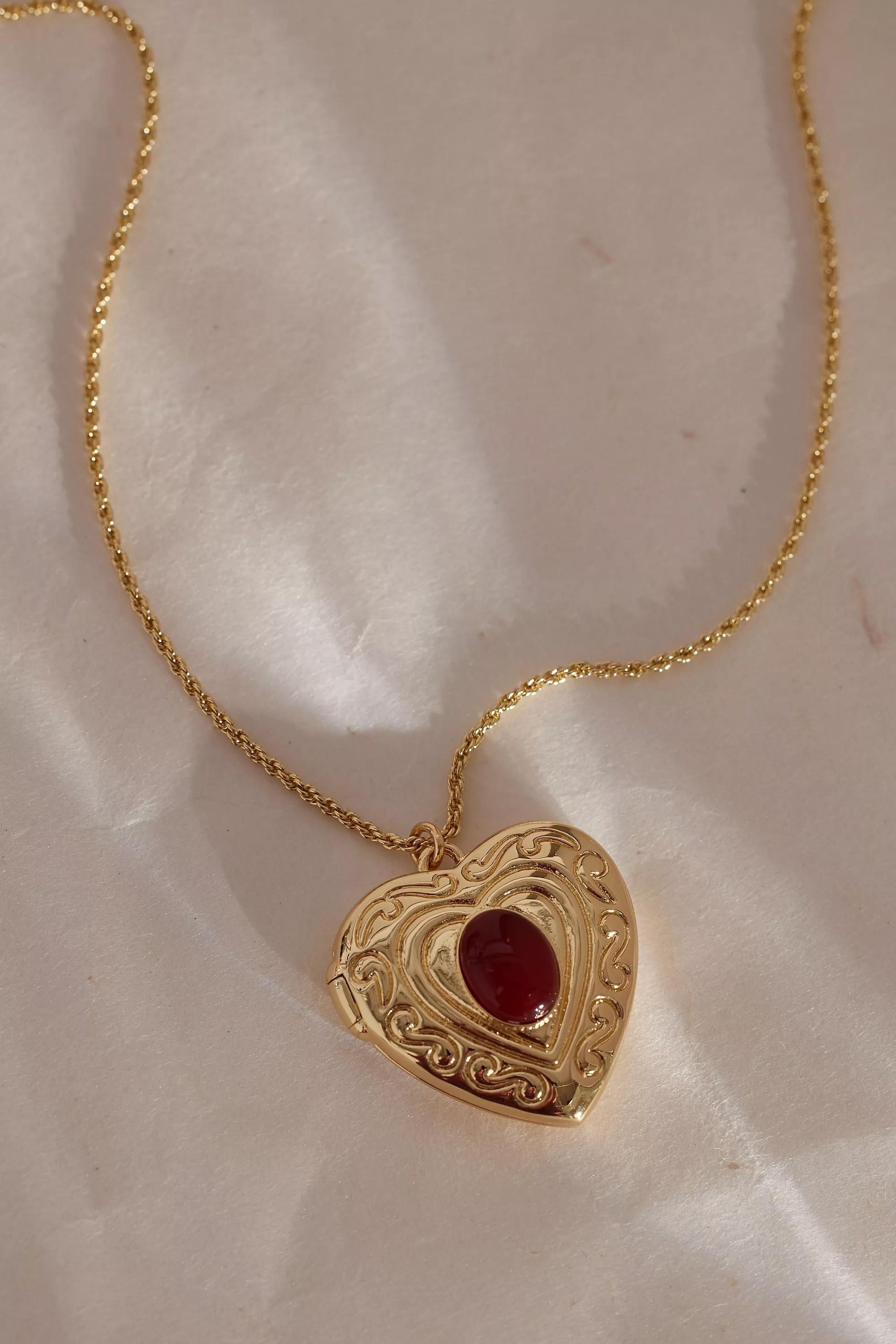 Oversized Stone Heart Locket Chain Necklace, Gold, , large image number 0