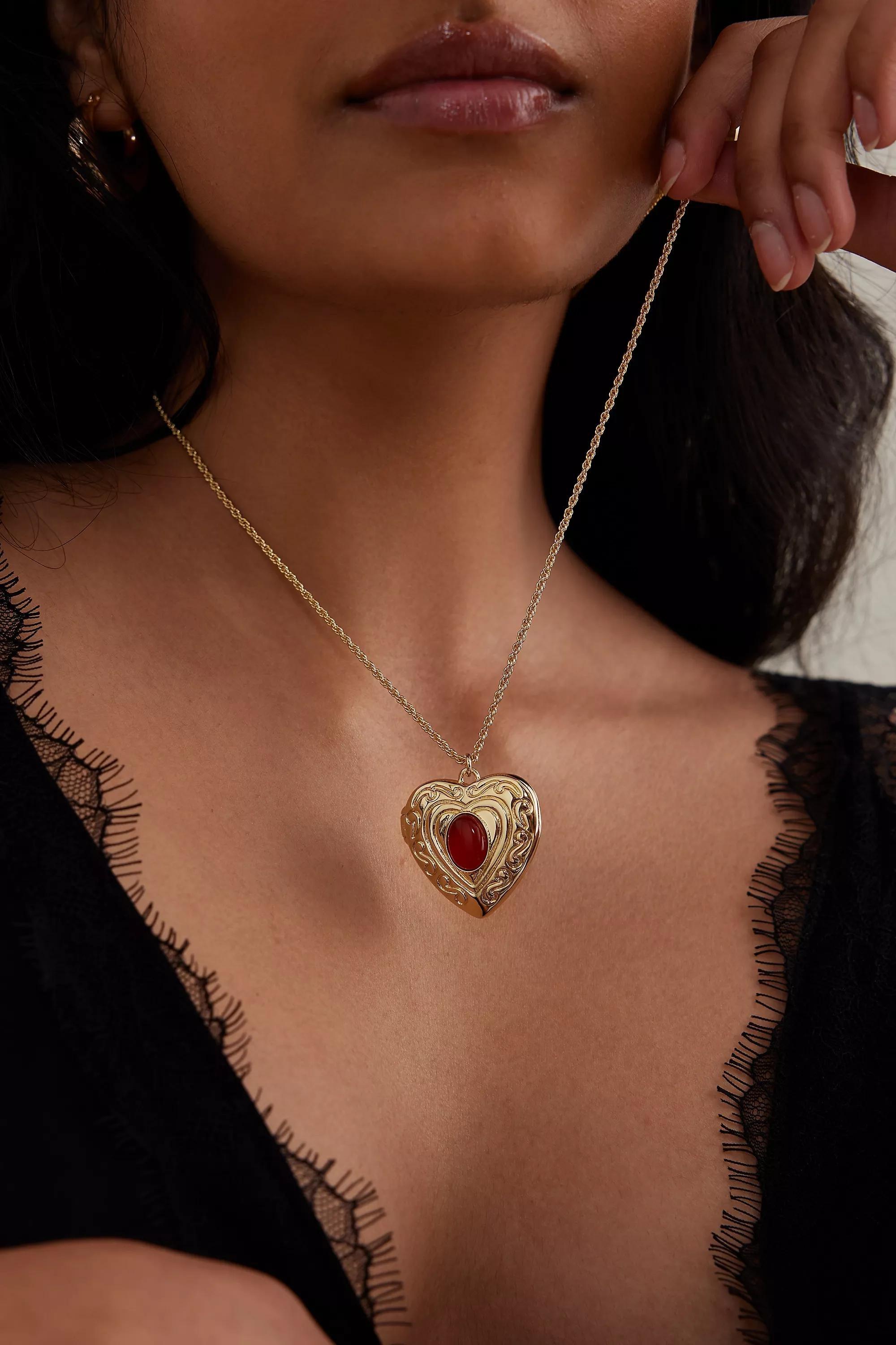 Oversized Stone Heart Locket Chain Necklace, Gold, , large image number 3