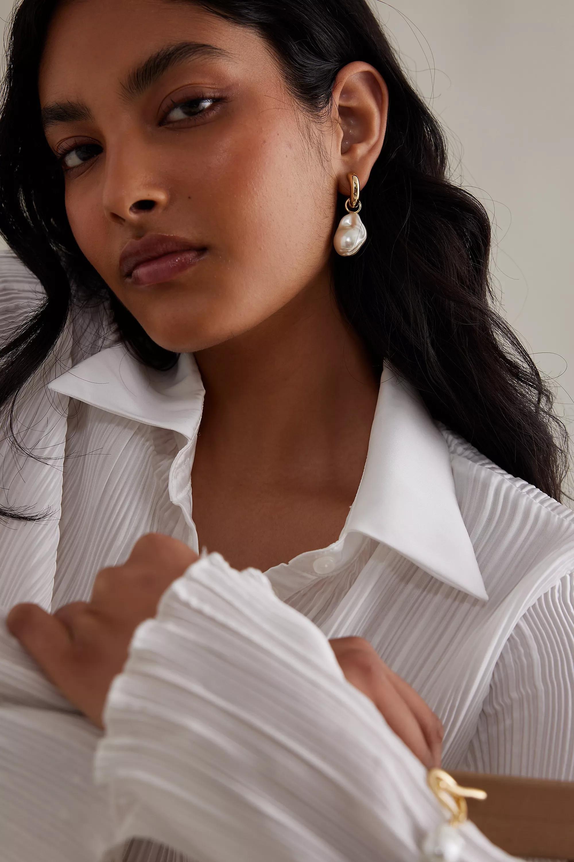 Irregular Pearl Drop Hoop Earrings, Gold, , large image number 0