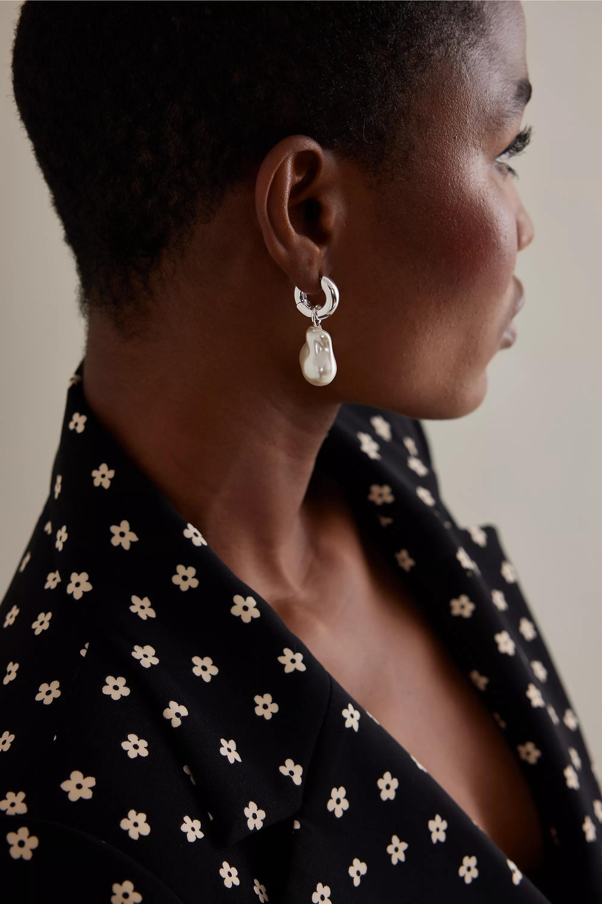 Irregular Pearl Drop Hoop Earrings, Gold, , large image number 1