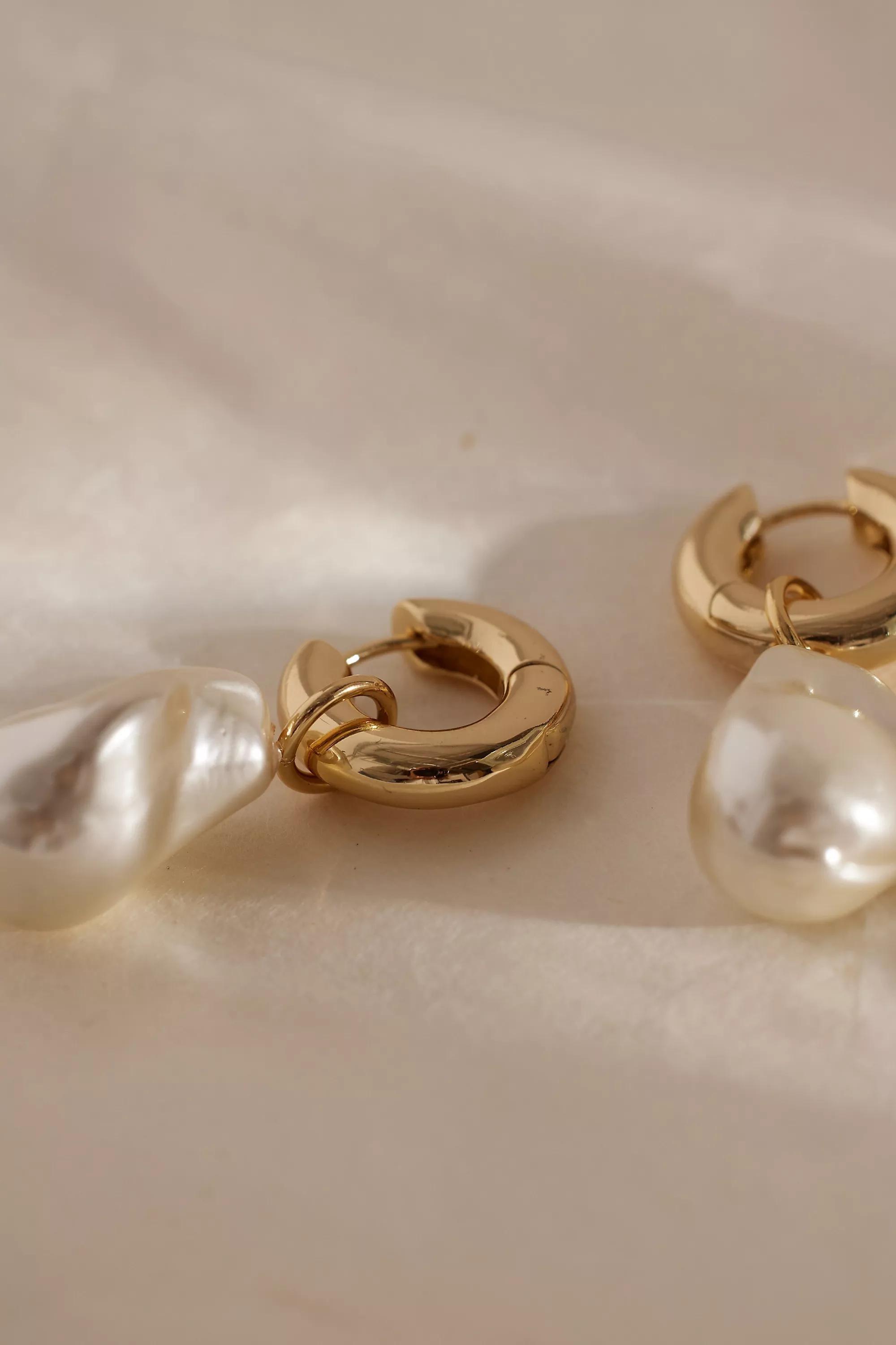 Irregular Pearl Drop Hoop Earrings, Gold, , large image number 2