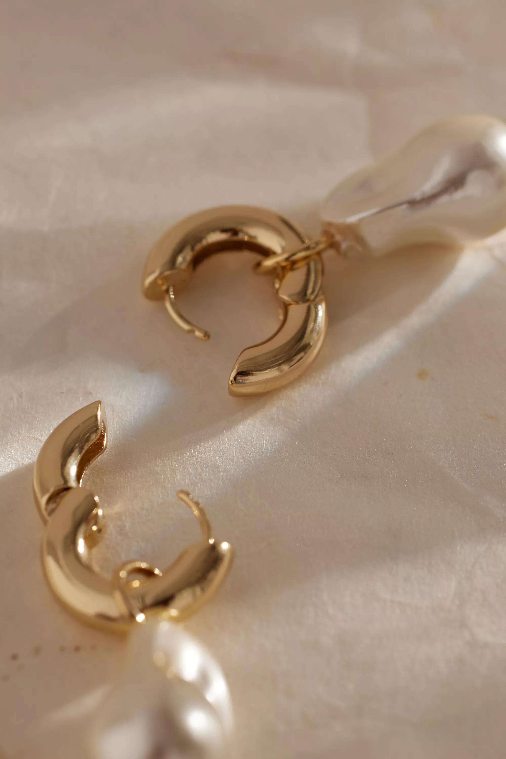 Irregular Pearl Drop Hoop Earrings, Gold, , large image number 3