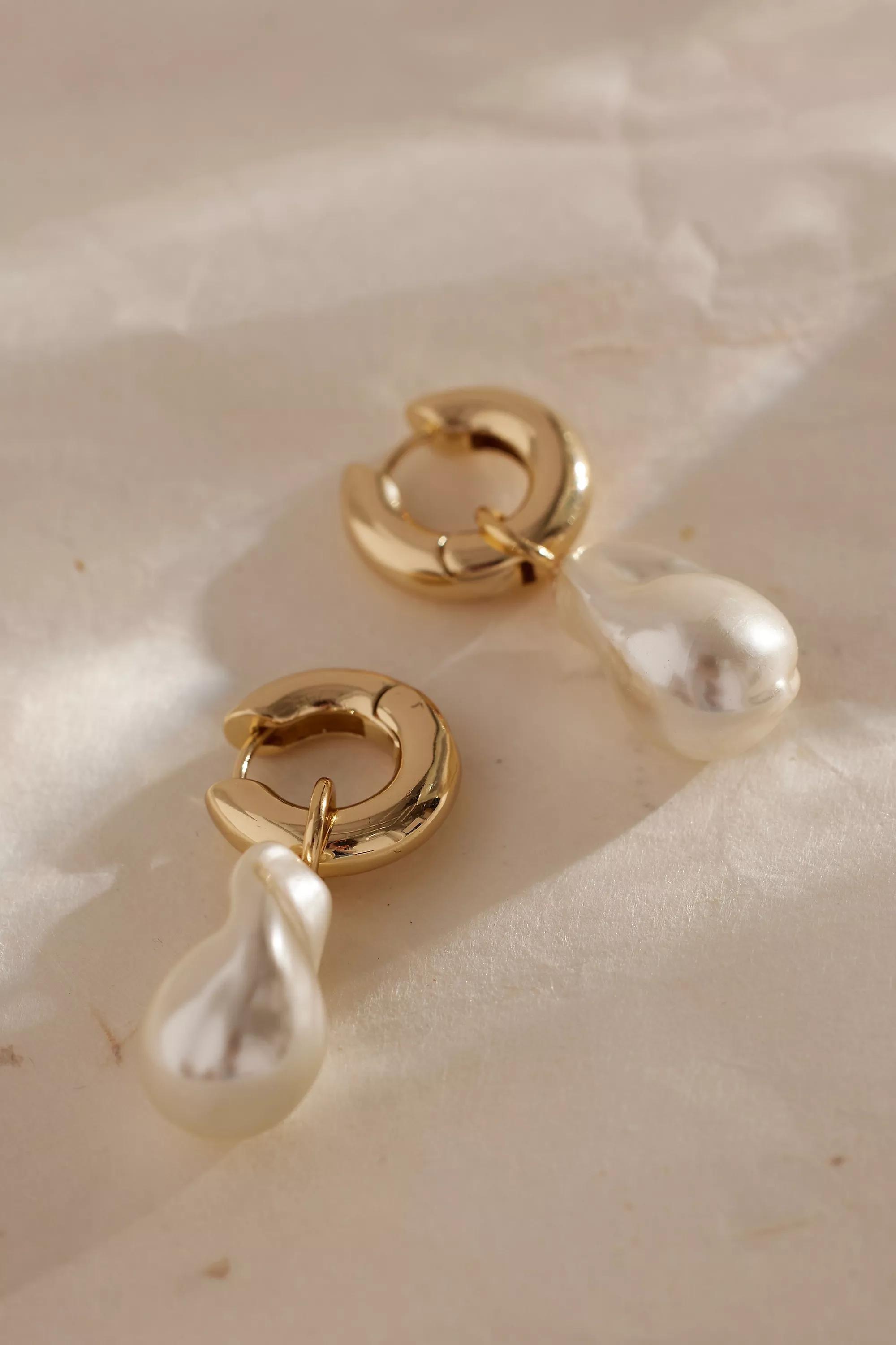 Irregular Pearl Drop Hoop Earrings, Gold, , large image number 4