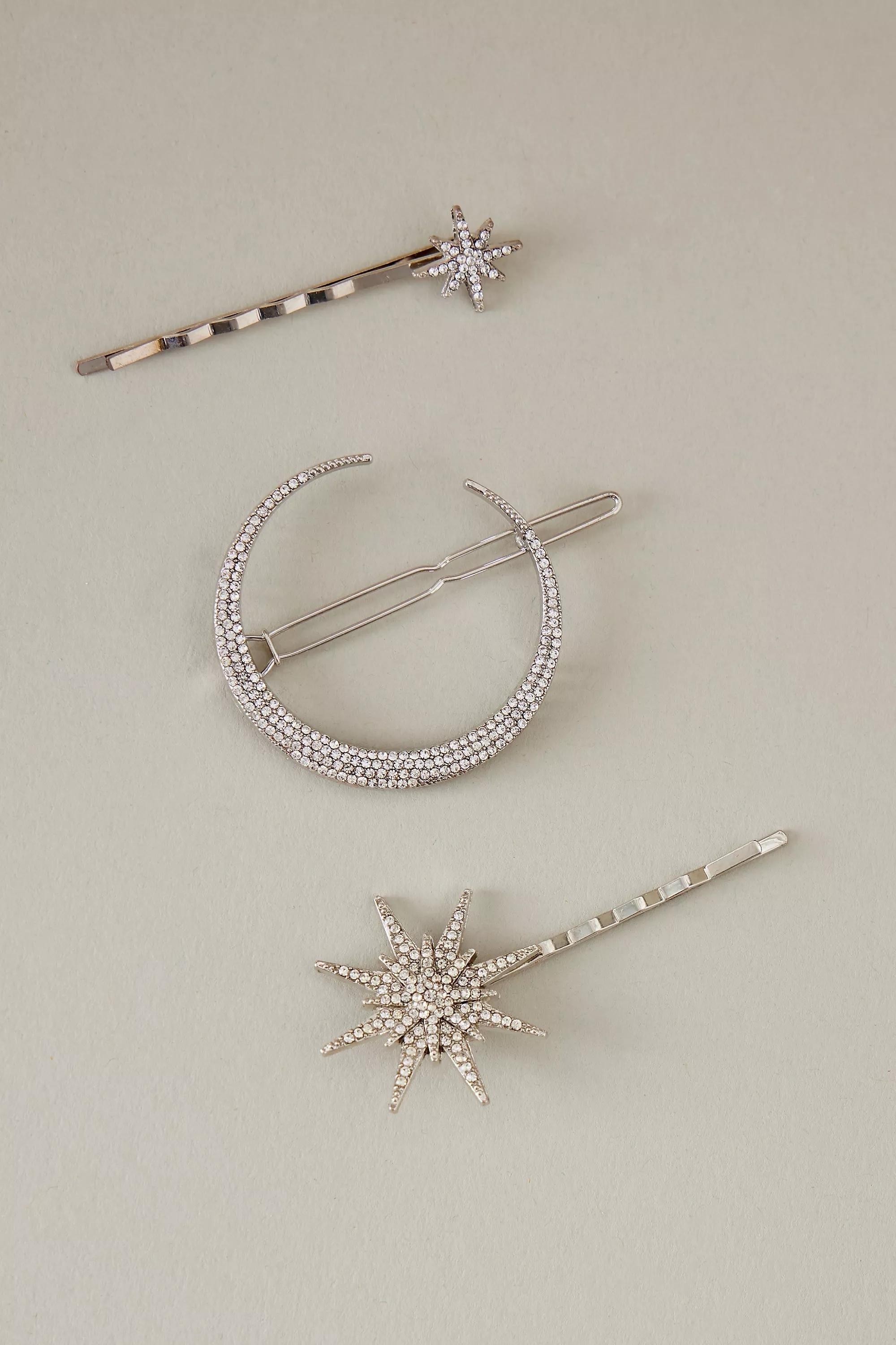 Celestial Crystal Hair Bobby Pins, Set Of 3, Silver, , large image number 2