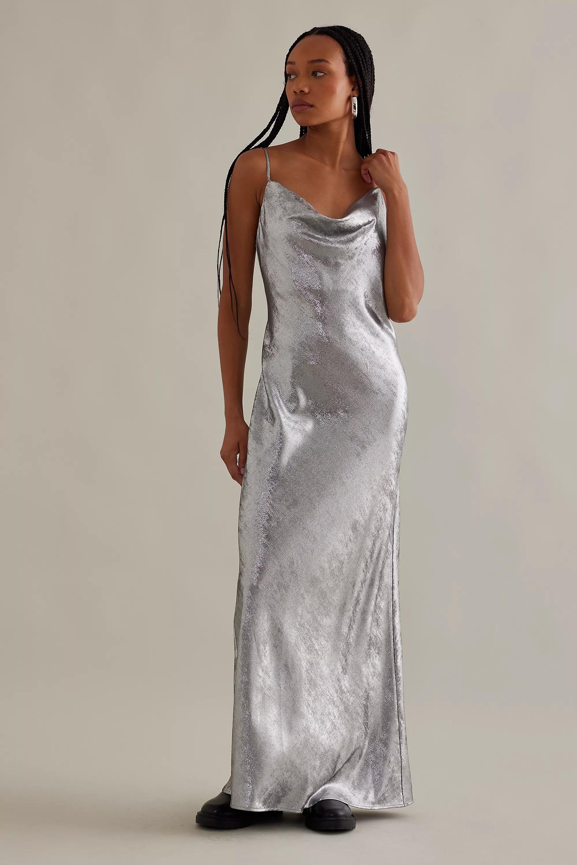 Metallic Cowl Neck Maxi Slip Dress, Silver, , large image number 0