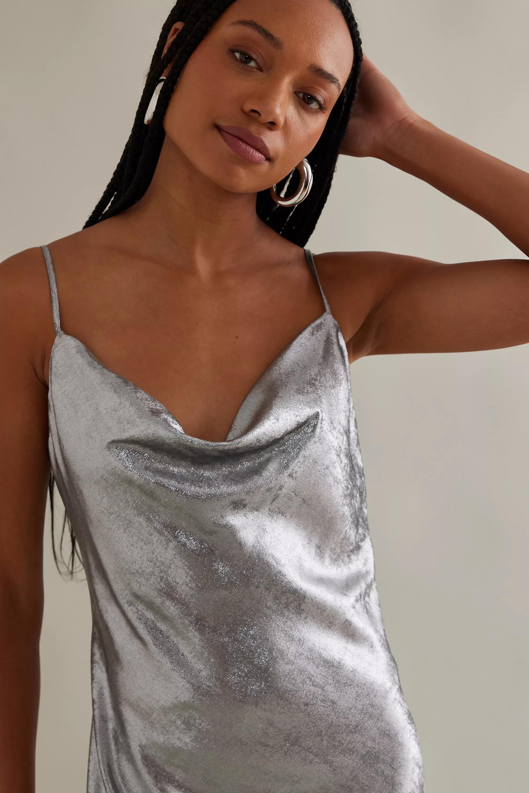 Metallic Cowl Neck Maxi Slip Dress, Silver, , large image number 1