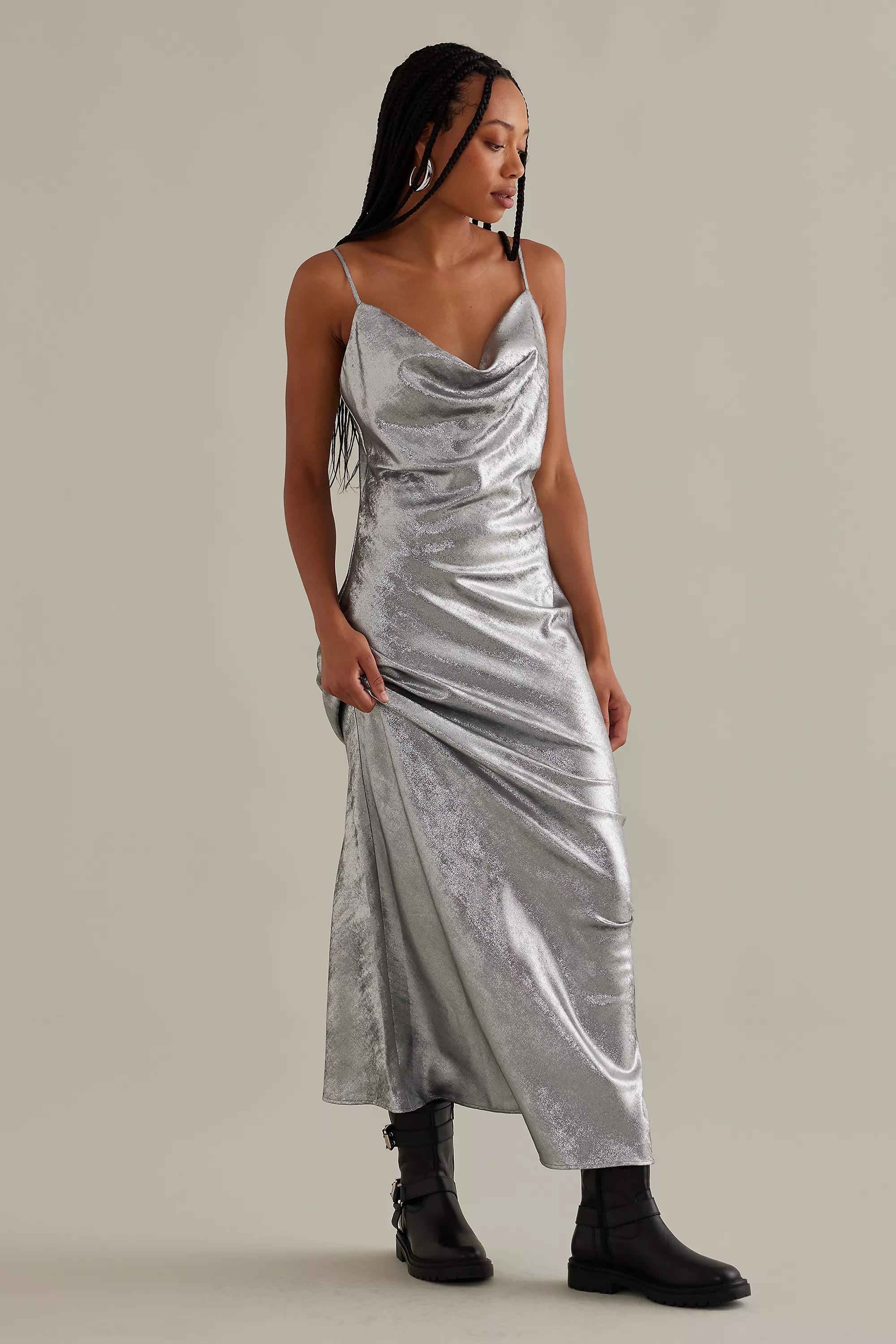 Metallic Cowl Neck Maxi Slip Dress, Silver, , large image number 2