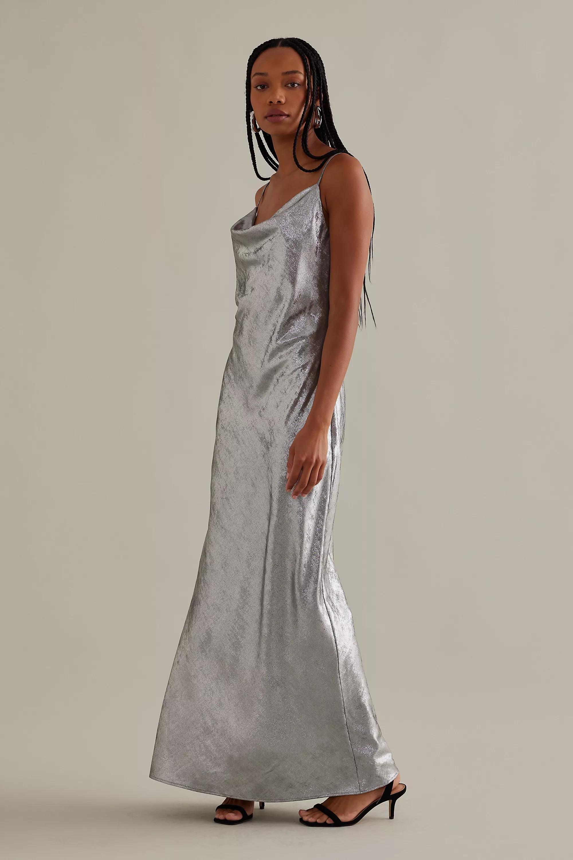 Metallic Cowl Neck Maxi Slip Dress, Silver, , large image number 3