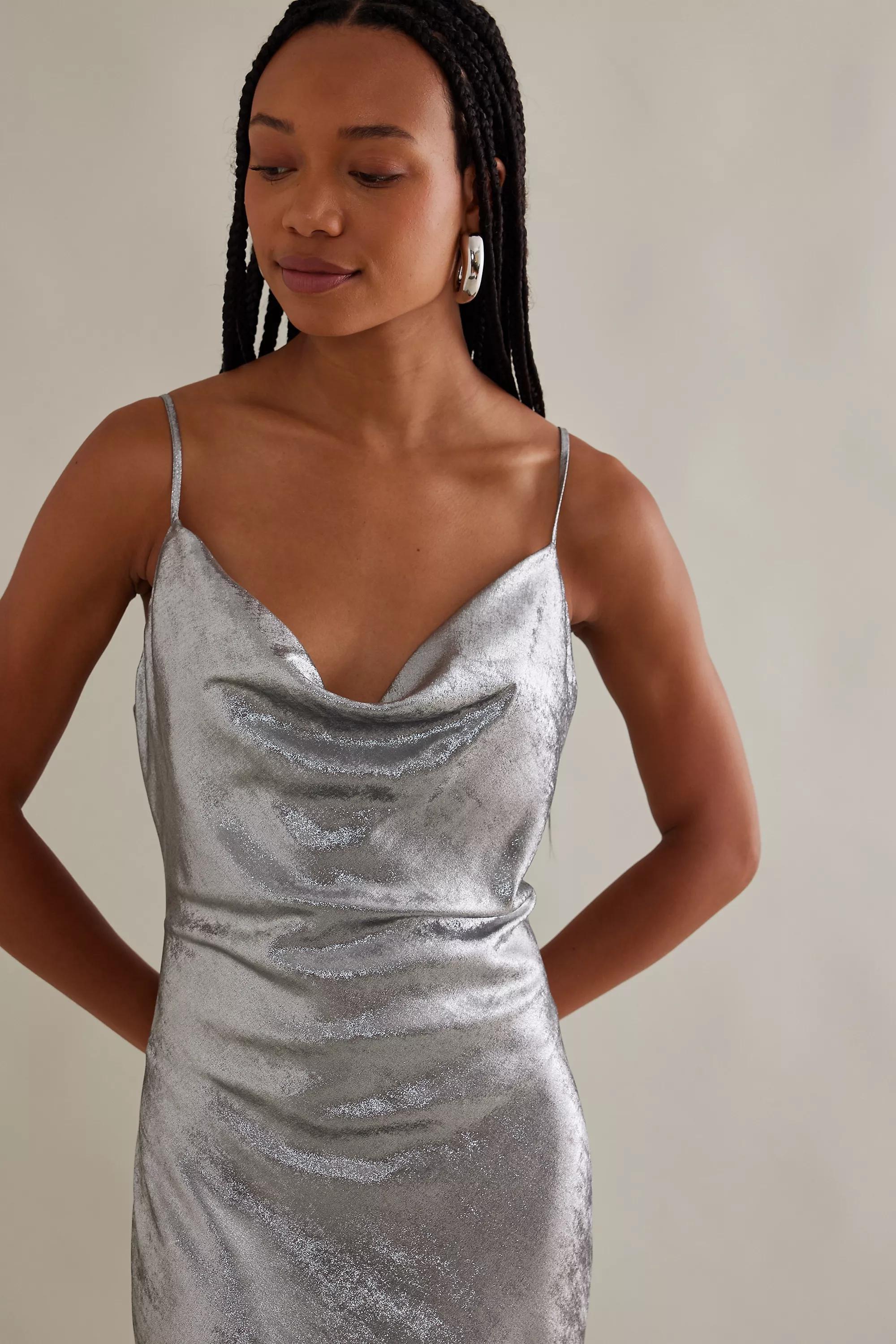 Metallic Cowl Neck Maxi Slip Dress, Silver, , large image number 4