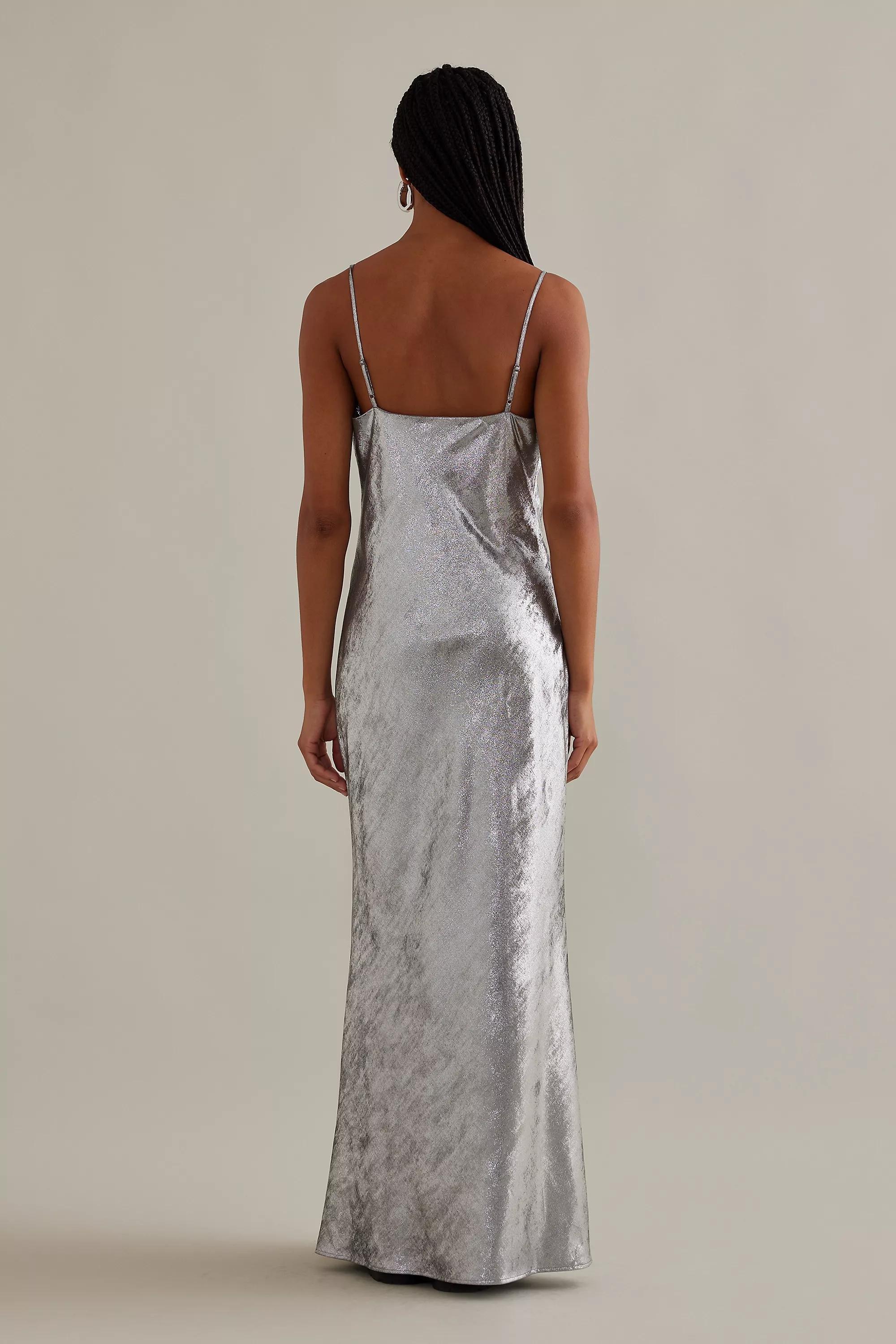 Metallic Cowl Neck Maxi Slip Dress, Silver, , large image number 5