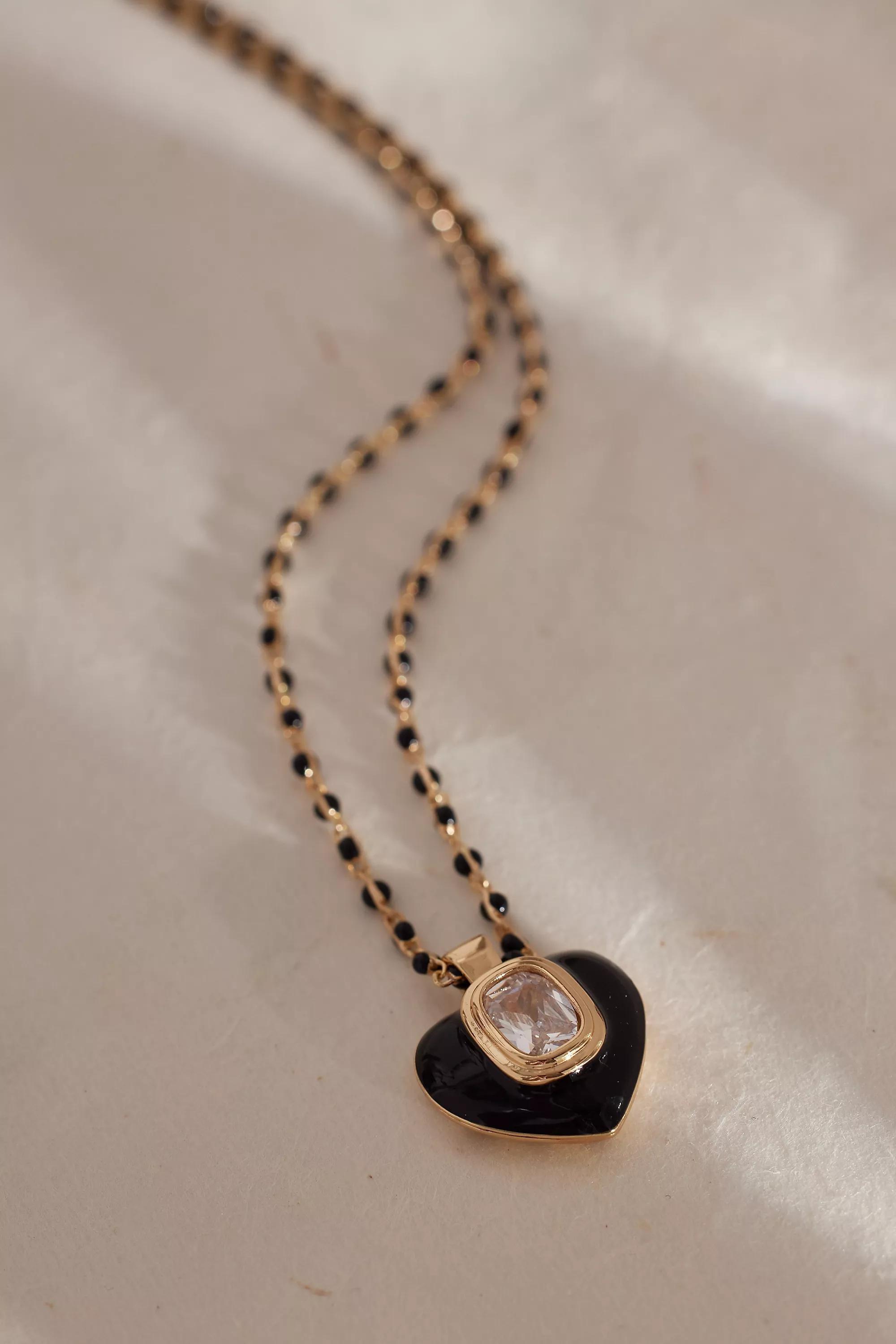 Gold-Plated Crystal Heart Pendant Beaded Chain Necklace, Black, A501_0001, large image number 0