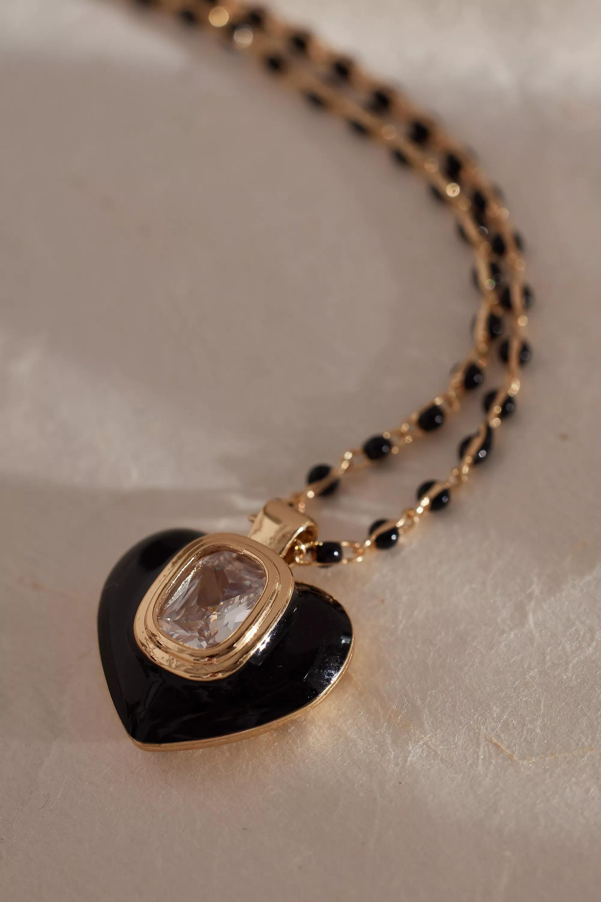Gold-Plated Crystal Heart Pendant Beaded Chain Necklace, Black, A501_0001, large image number 1