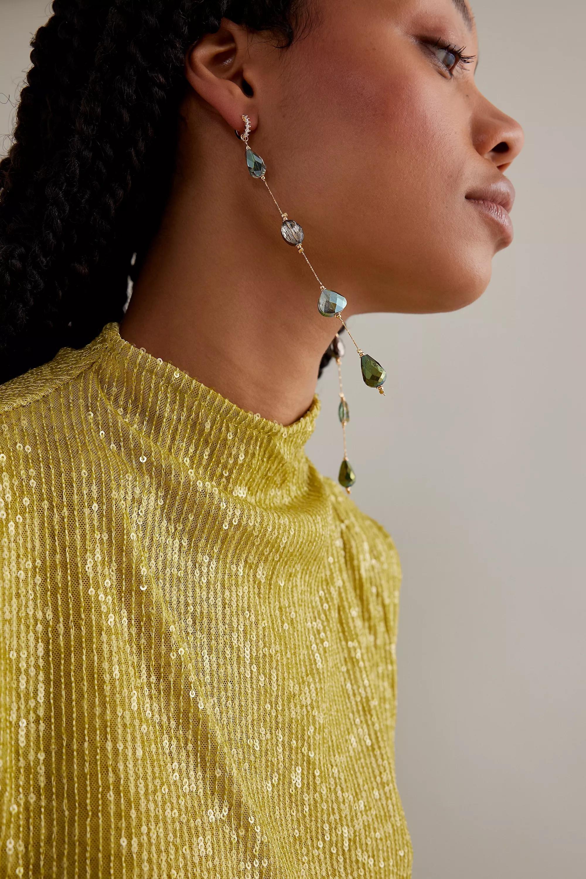 Anthropologie - Gold-Plated Statement Glass Crystal Drop Huggie Earrings, Green