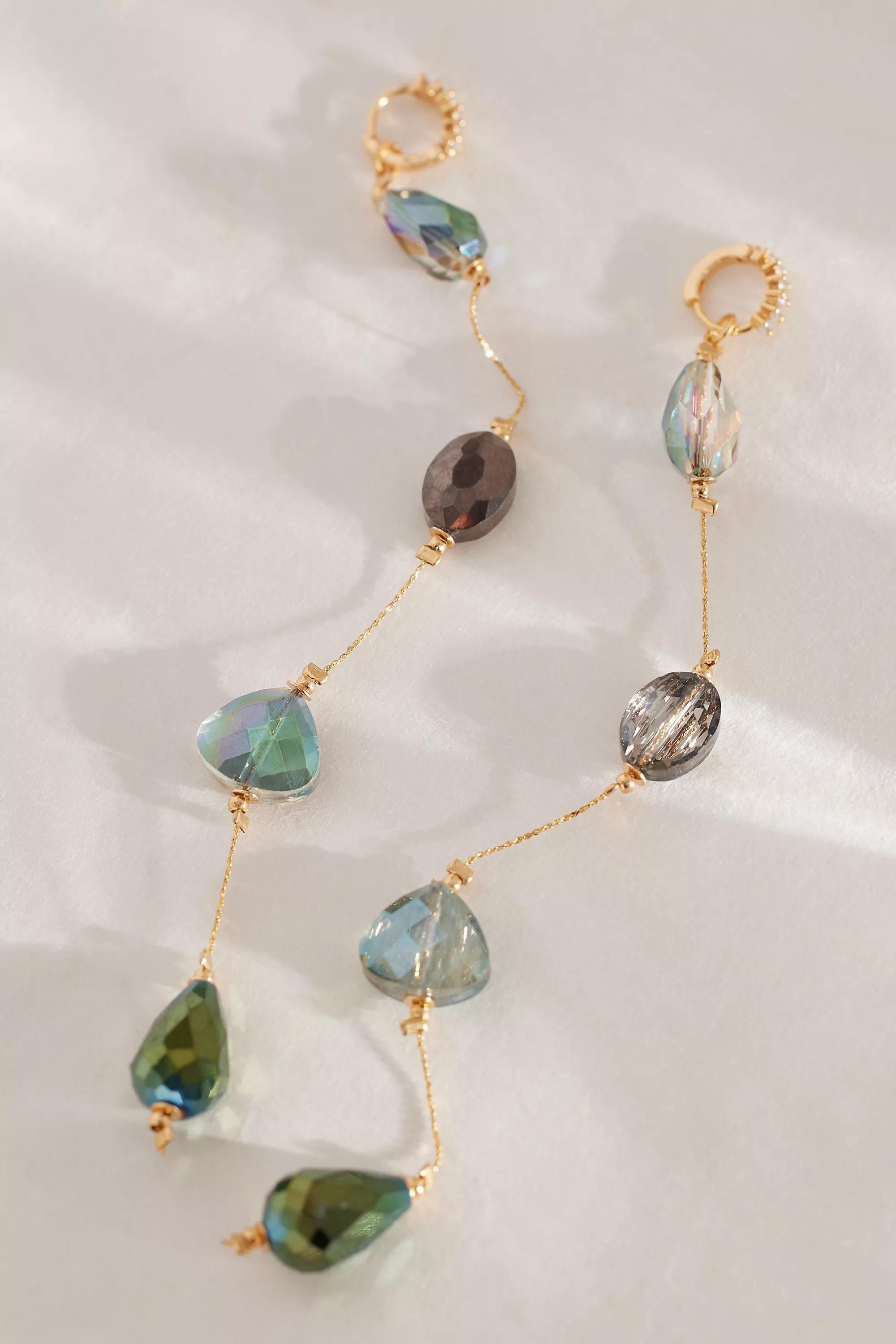 Anthropologie - Gold-Plated Statement Glass Crystal Drop Huggie Earrings, Green