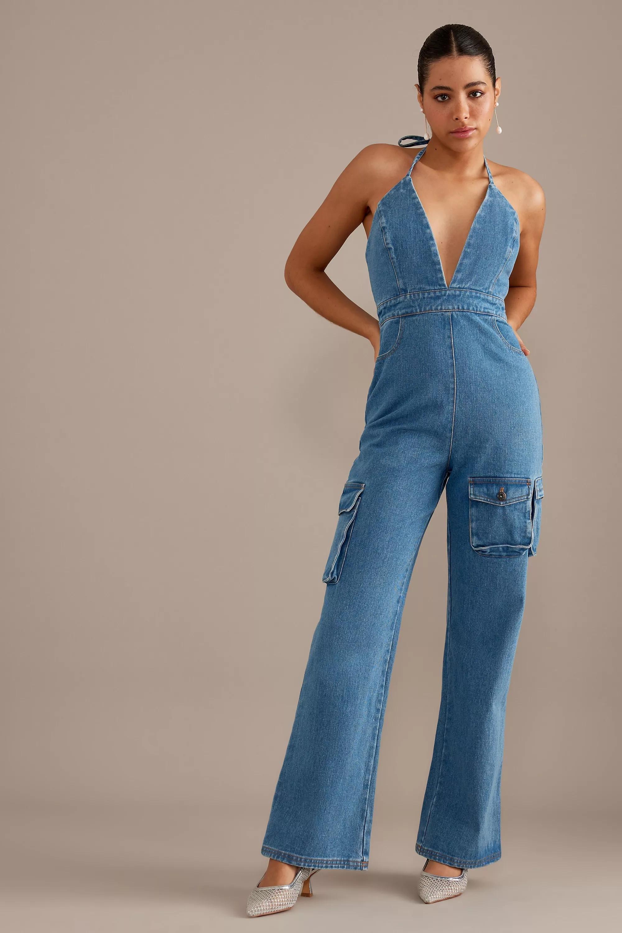 Bardot Zerah Halter Cargo Denim Jumpsuit, Blue, , large image number 0
