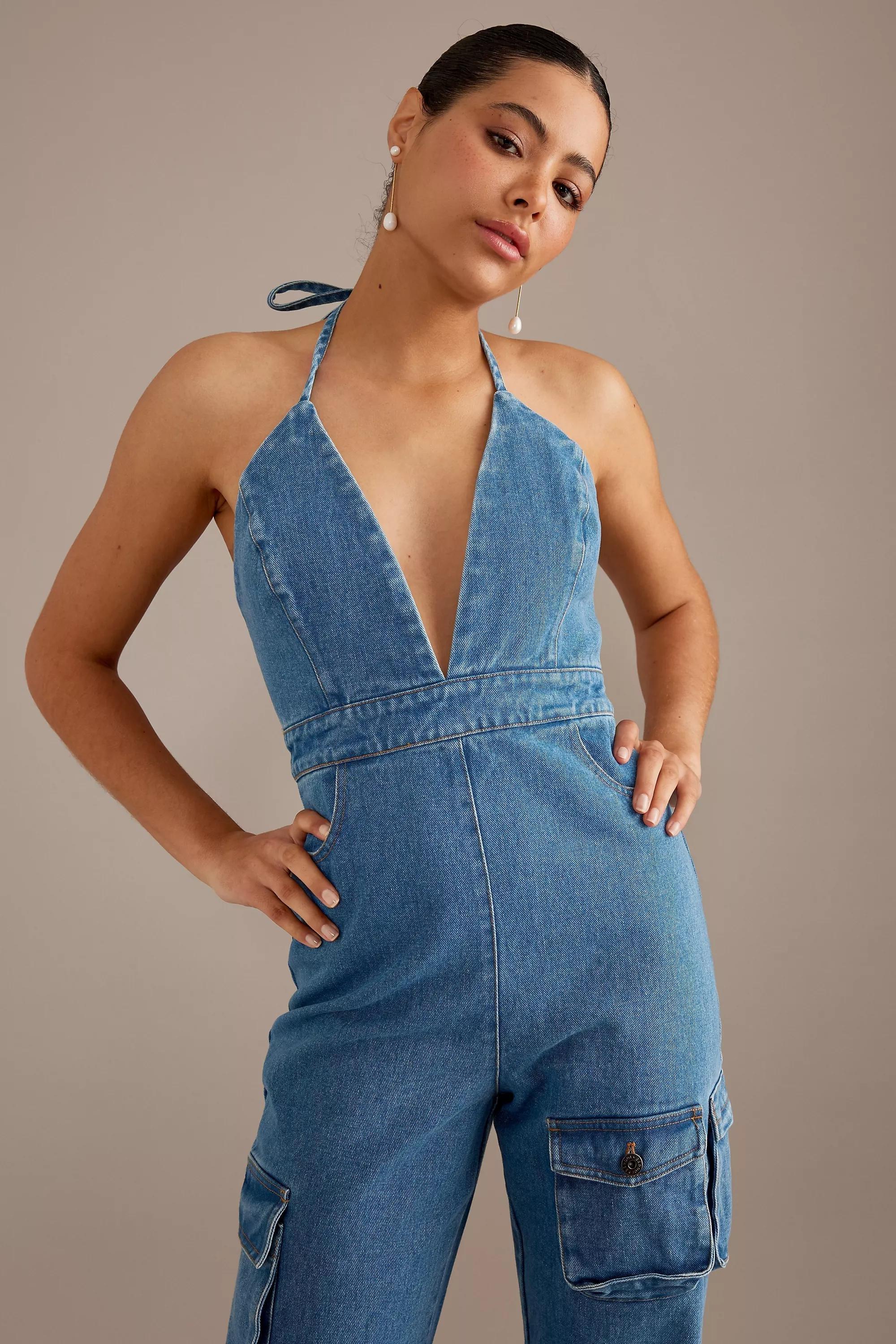 Bardot Zerah Halter Cargo Denim Jumpsuit, Blue, , large image number 1
