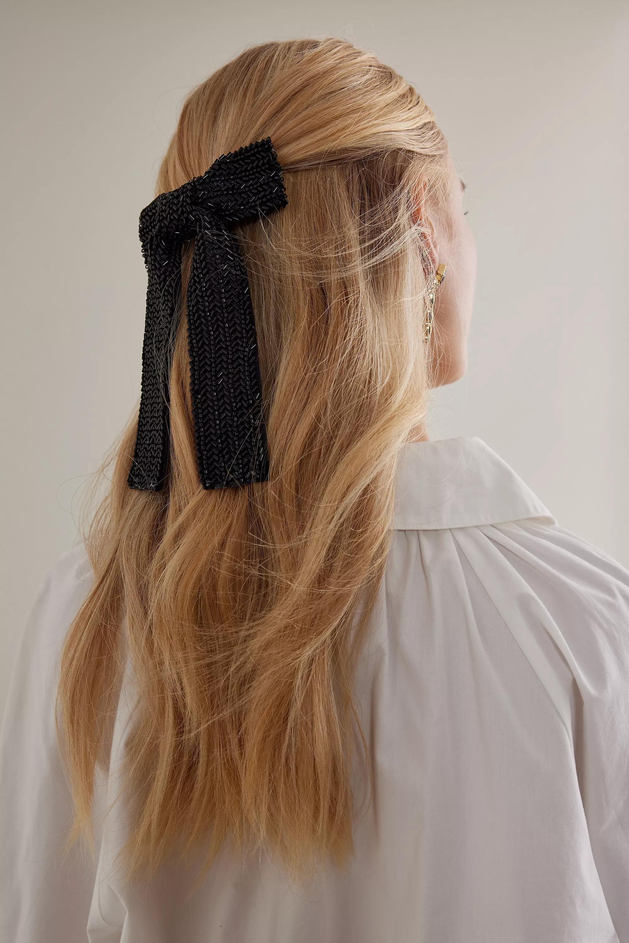 BLK Glitzy Beaded Bow Barrette Hair Clip, , large image number 1