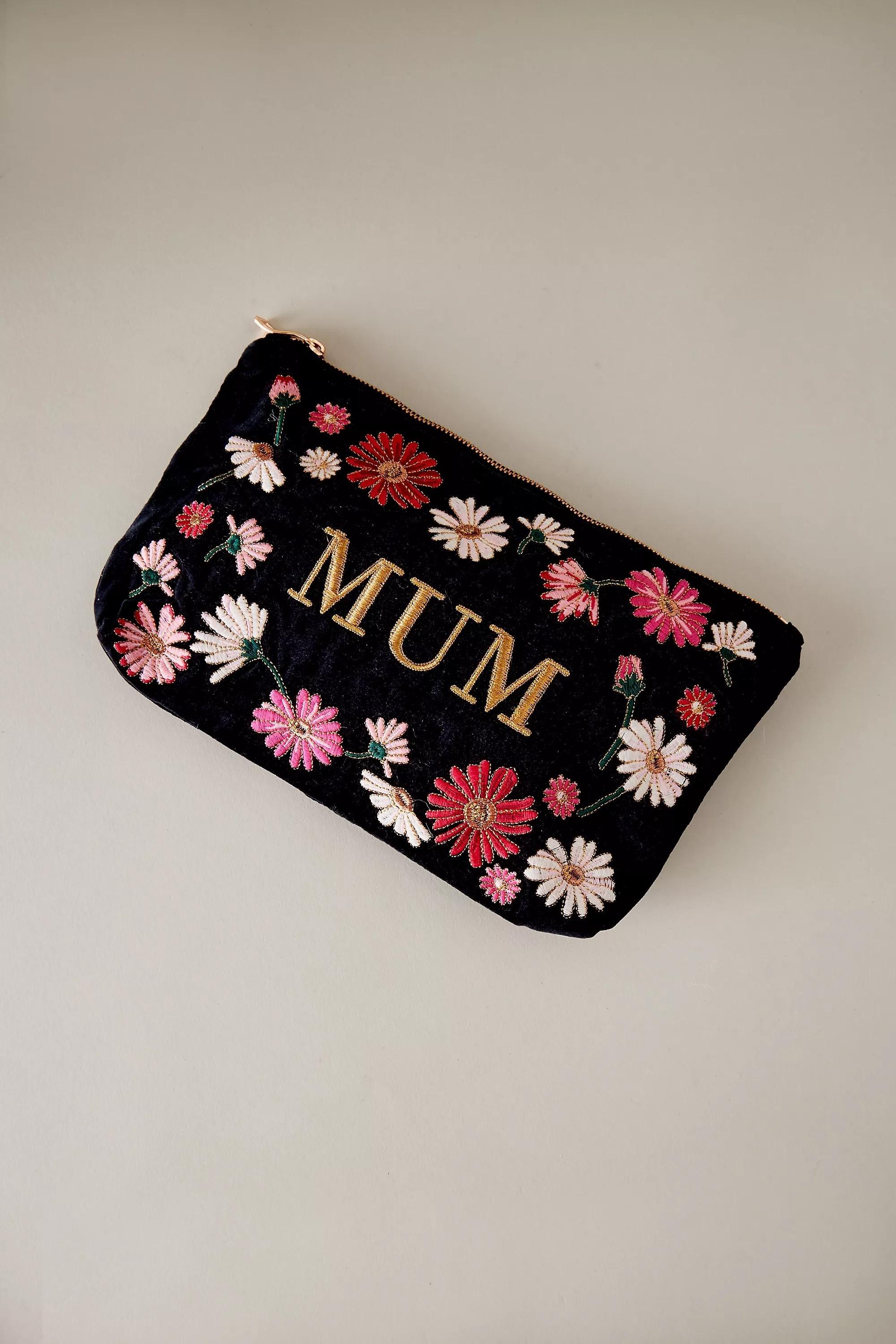 Elizabeth Scarlett Mum Embroidered Velvet Makeup Bag, Black, A501_0000, large image number 0