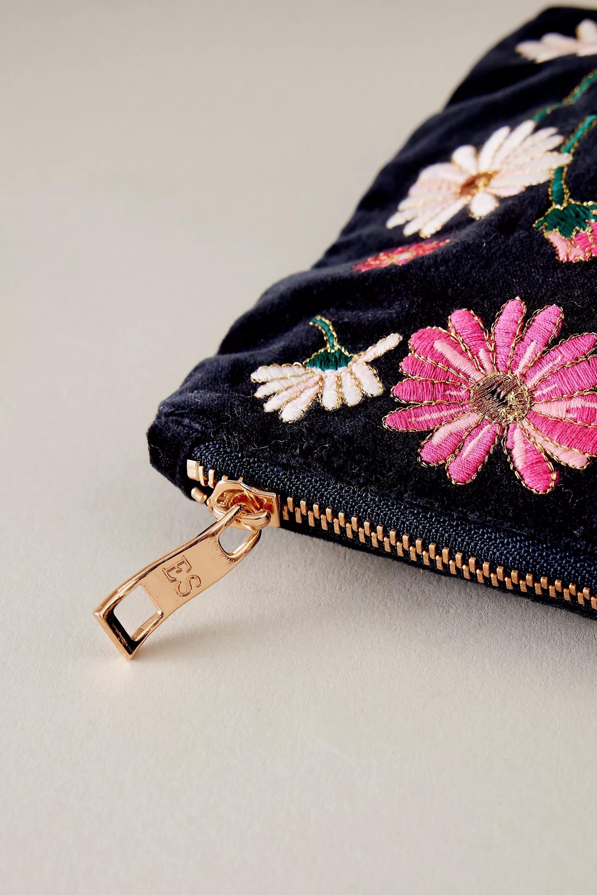 Elizabeth Scarlett Mum Embroidered Velvet Makeup Bag, Black, A501_0000, large image number 1
