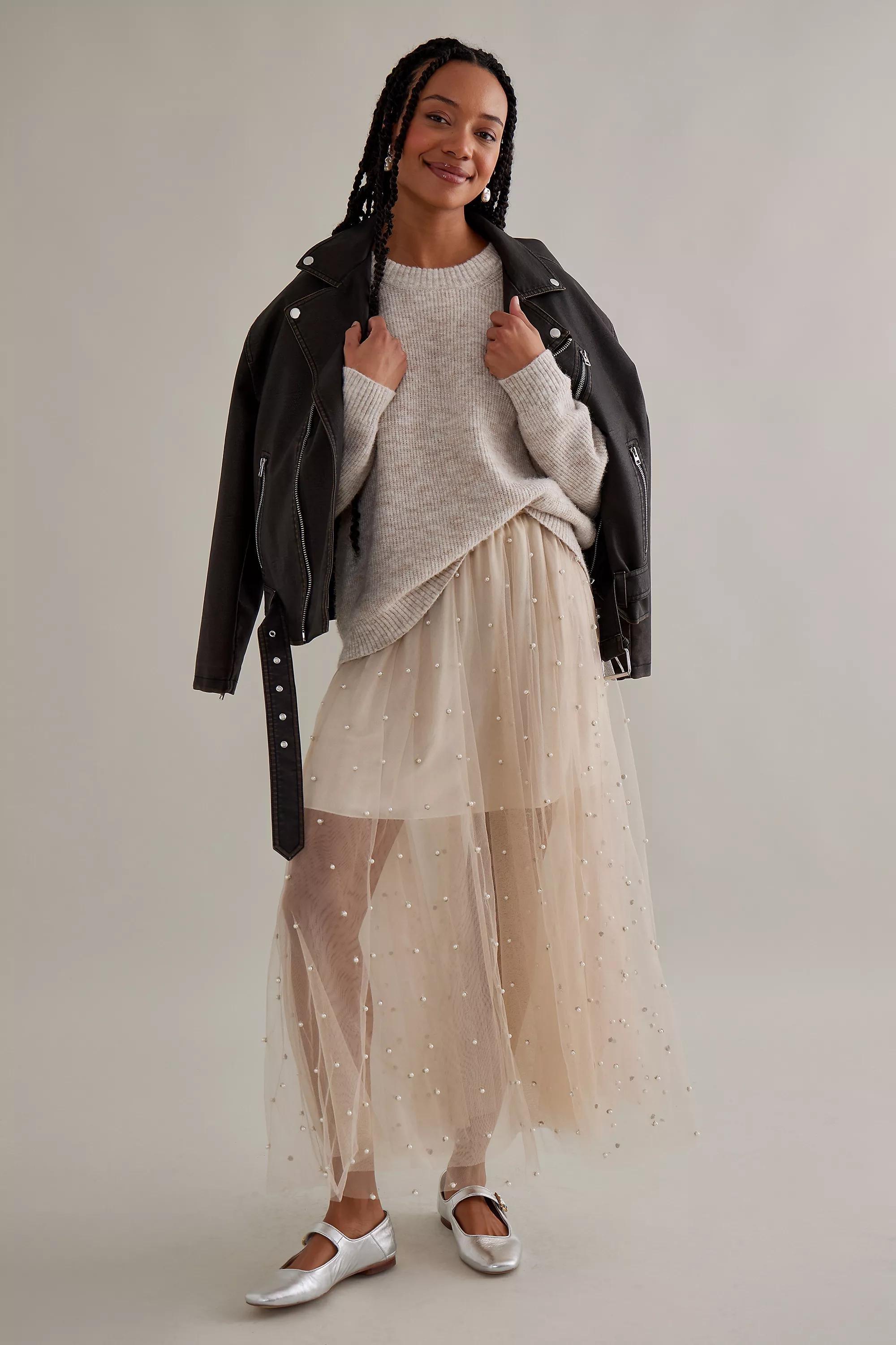Sheer Tulle Pearl-Embellished Maxi Skirt, Beige, , large image number 0