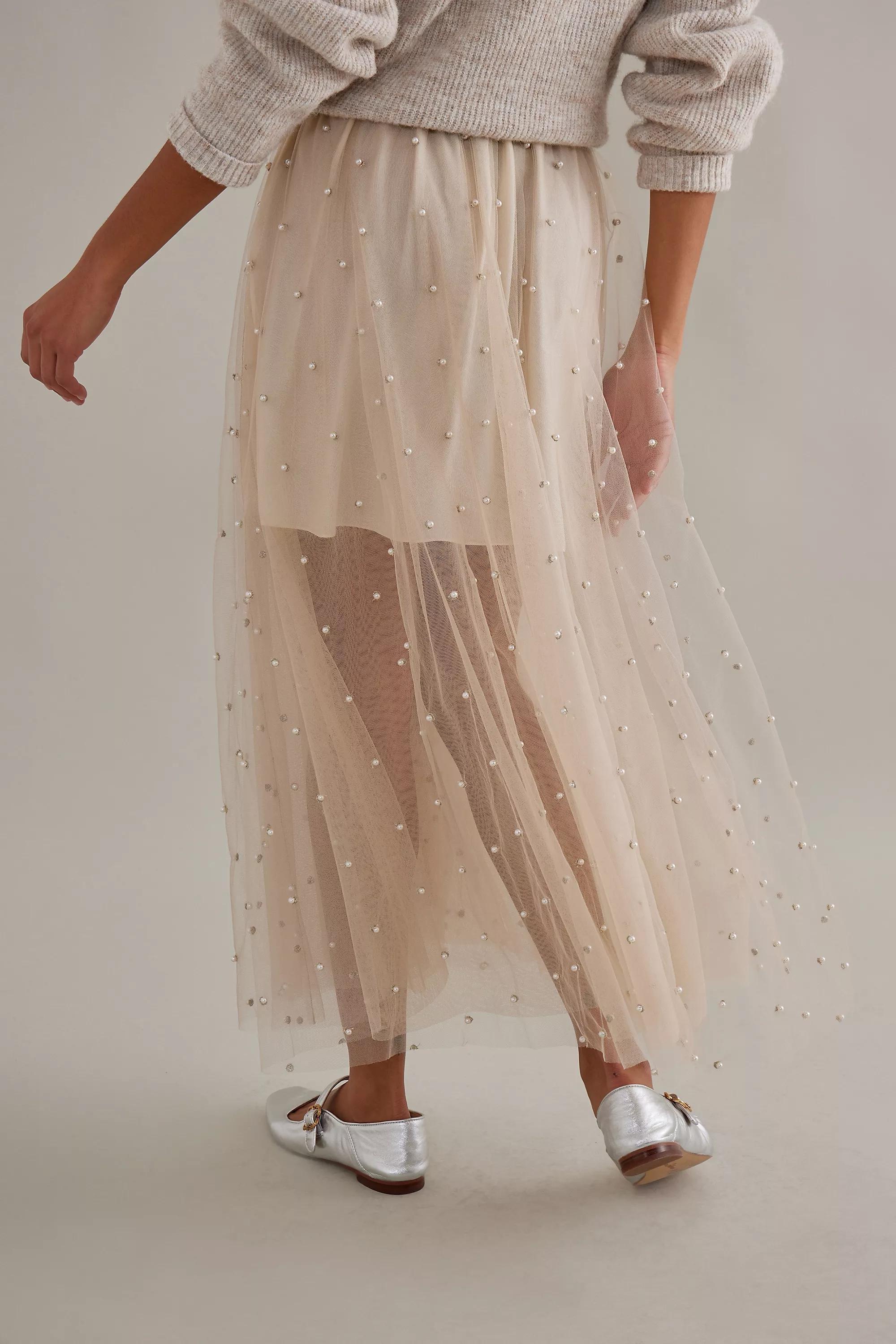 Sheer Tulle Pearl-Embellished Maxi Skirt, Beige, , large image number 1