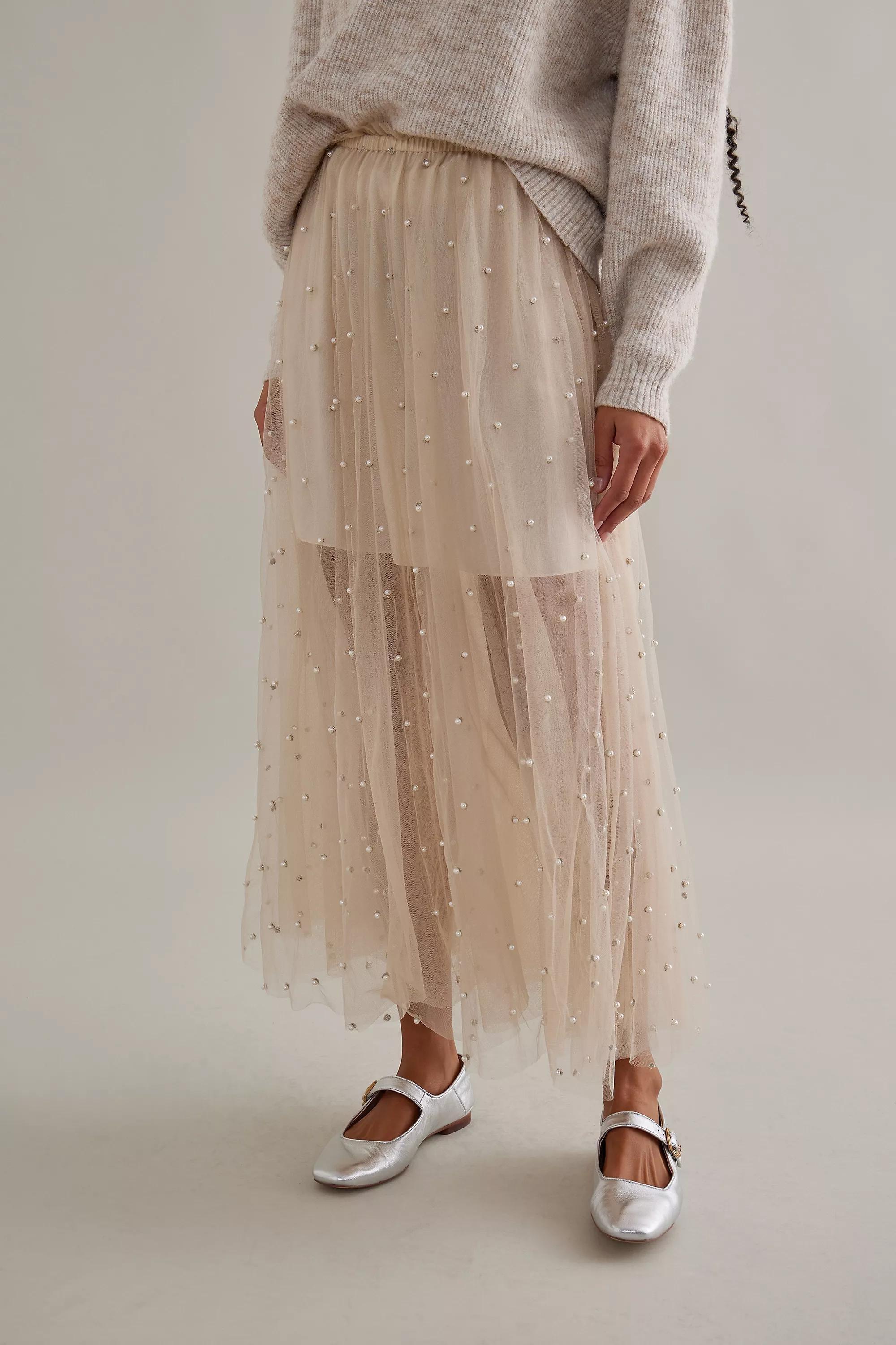 Sheer Tulle Pearl-Embellished Maxi Skirt, Beige, , large image number 2