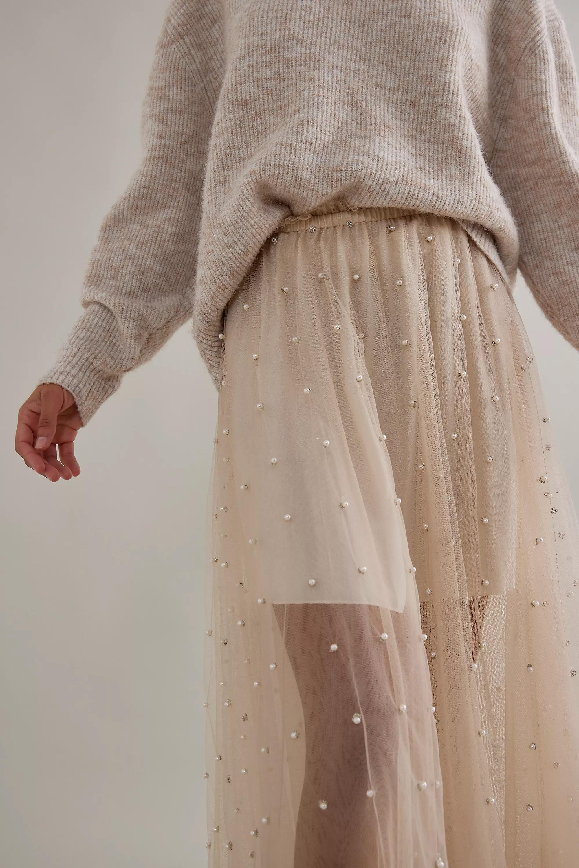 Sheer Tulle Pearl-Embellished Maxi Skirt, Beige, , large image number 3
