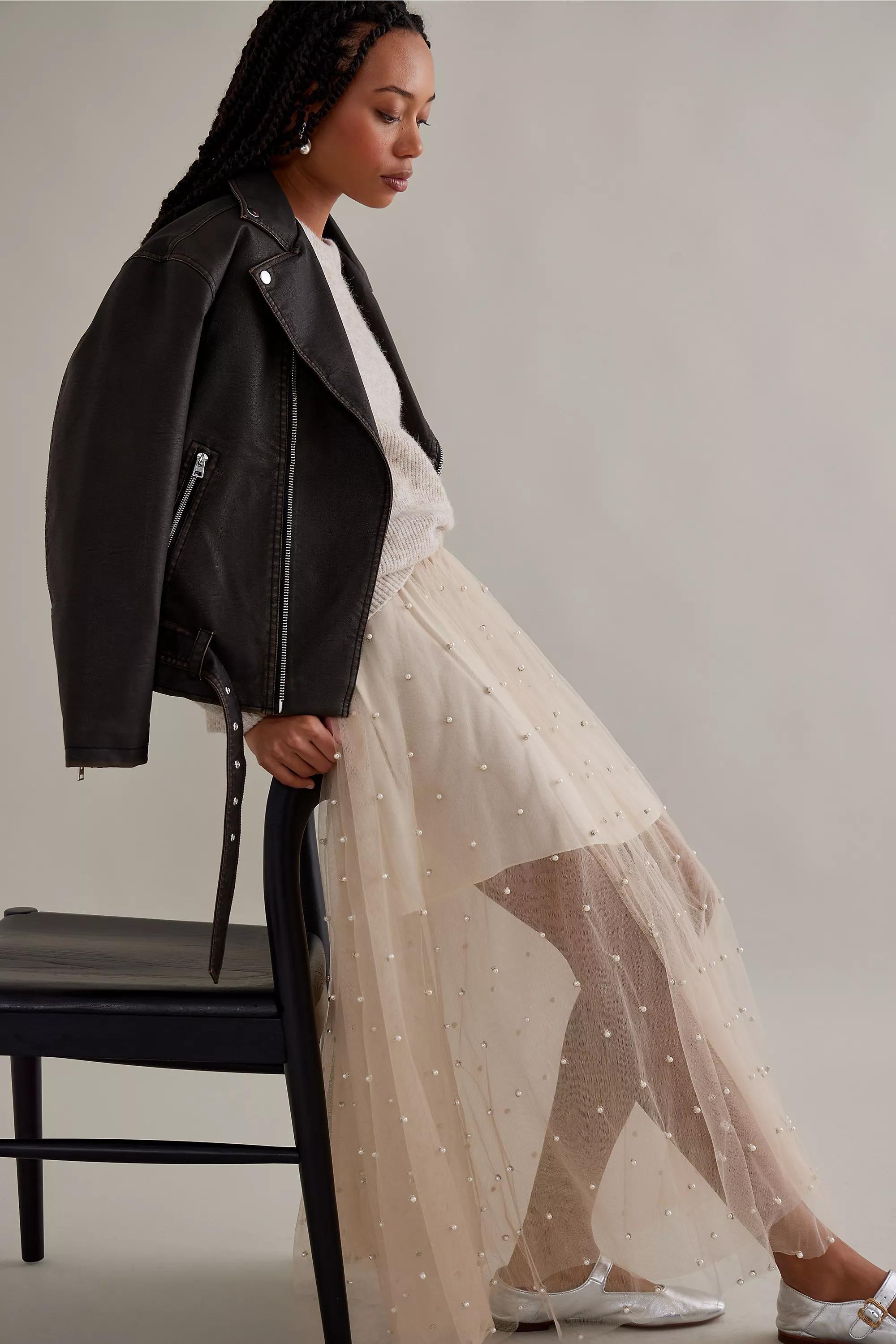 Sheer Tulle Pearl-Embellished Maxi Skirt, Beige, , large image number 5