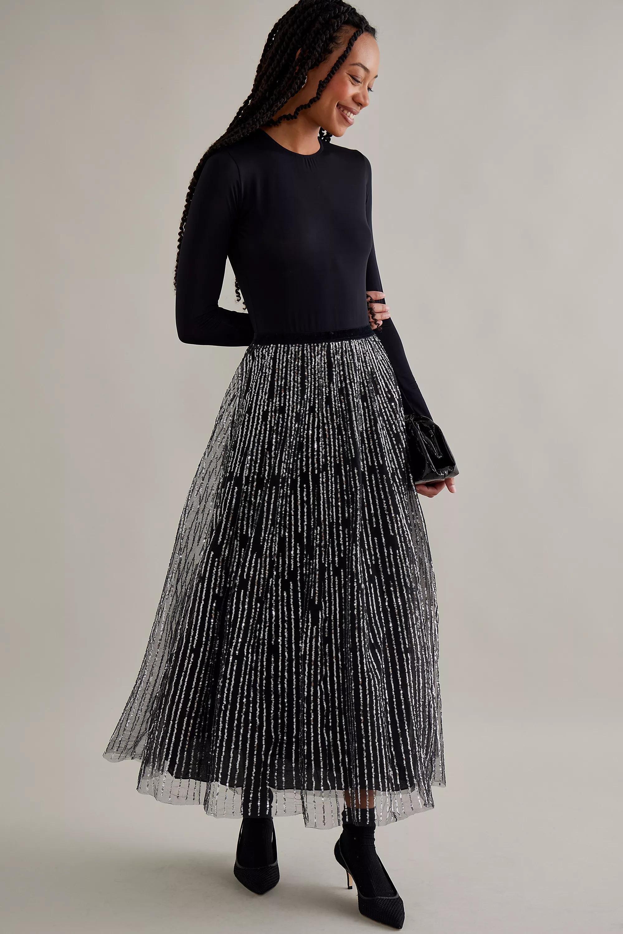 Motif Sequin Stripe Tulle Maxi Skirt, Black, , large image number 0
