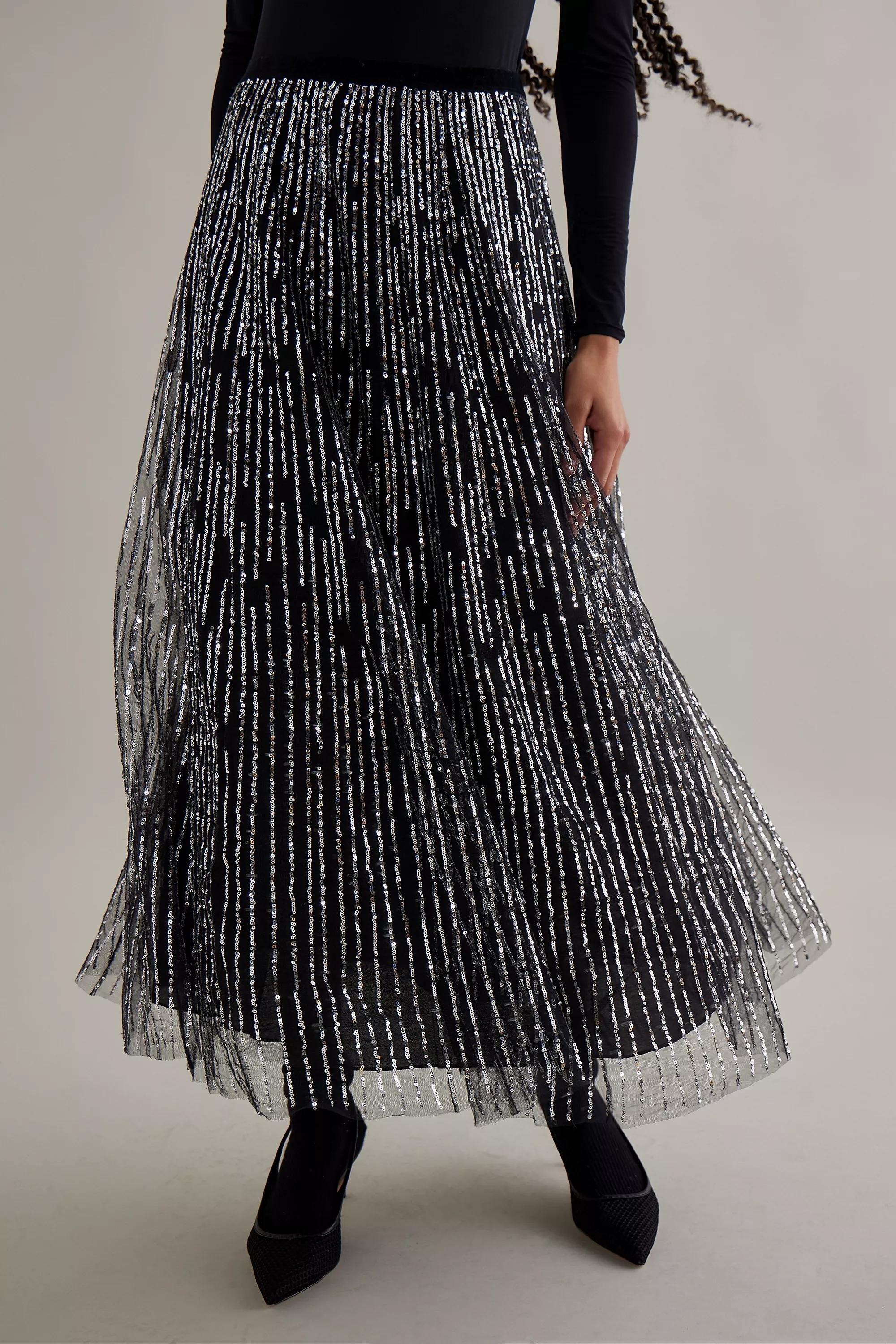 Motif Sequin Stripe Tulle Maxi Skirt, Black, , large image number 1