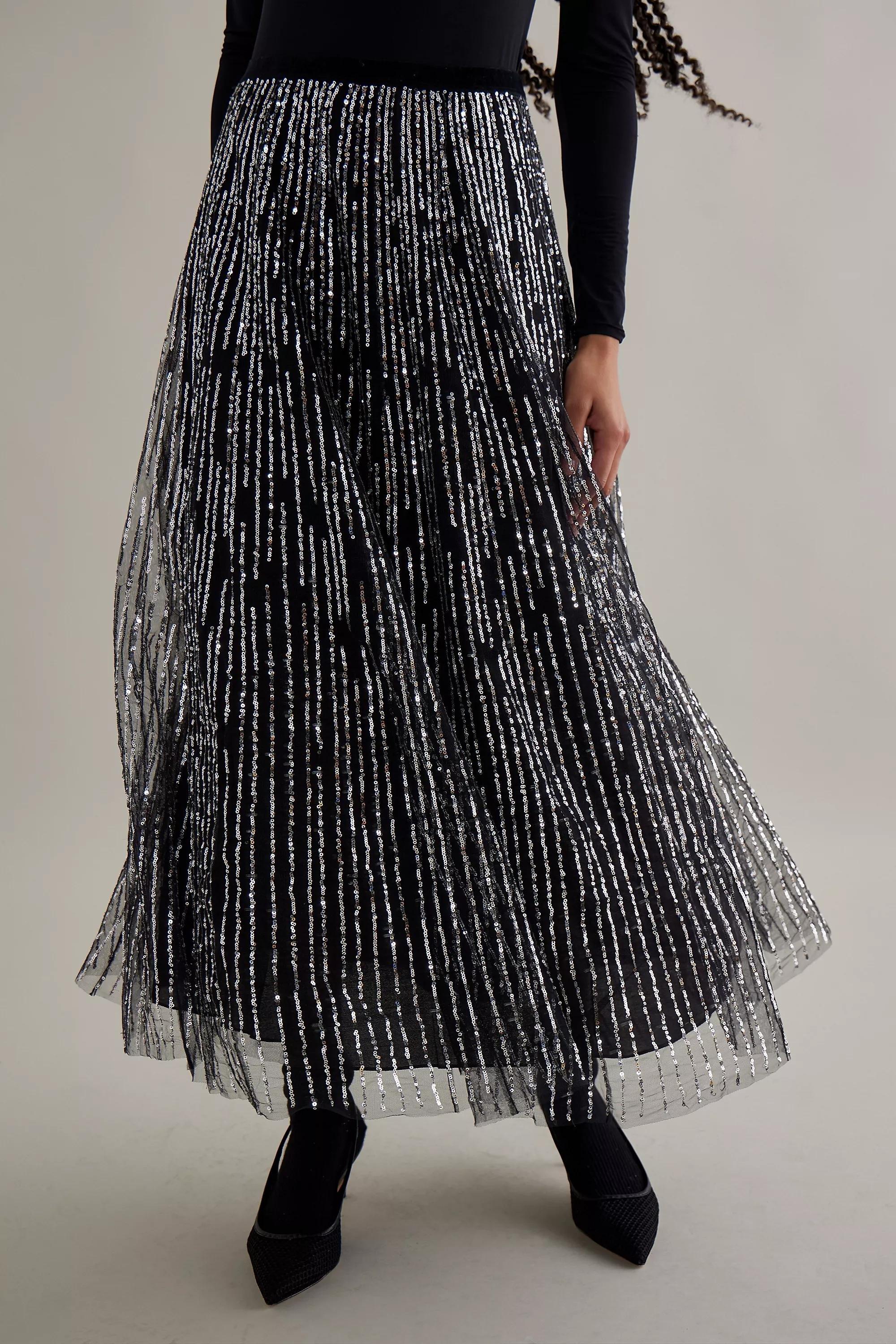 Anthropologie - Motif Sequin Stripe Tulle Maxi Skirt, Black